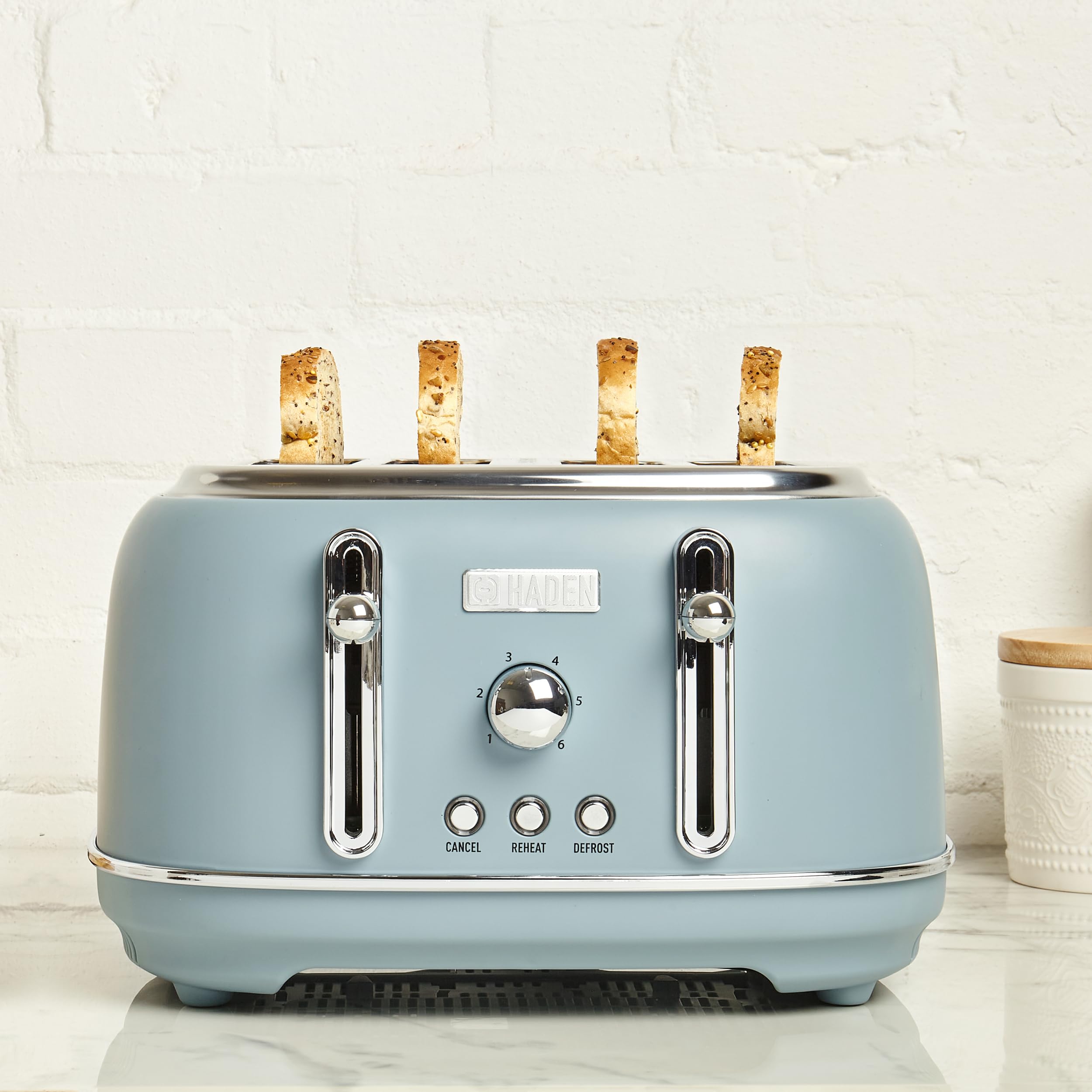 Haden Highclere 4-Slice Toaster – Blue Stainless Steel with Wide Slots