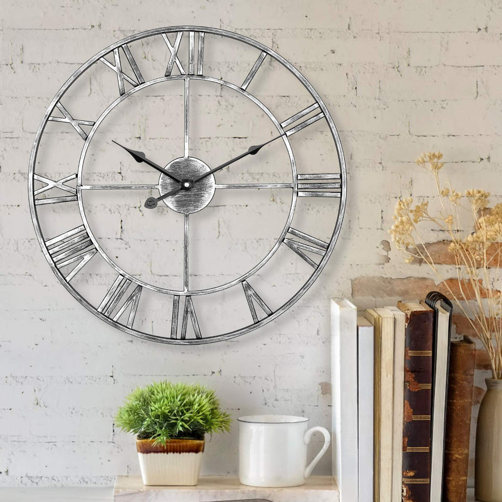 LENAUQ 60cm Roman Numeral Wall Clock – Silent Vintage Iron Skeleton