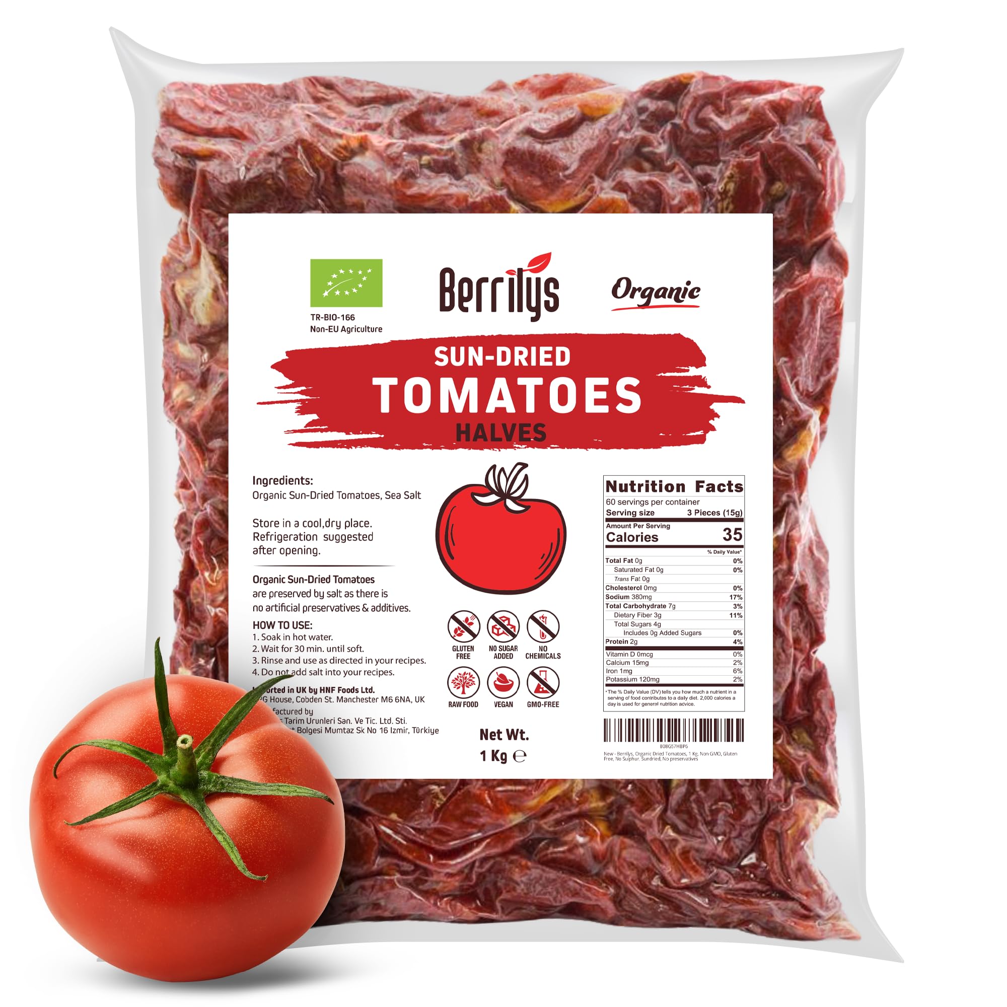 Berrilys Organic Sun Dried Tomatoes – Non-GMO Halves for Cooking, 1kg