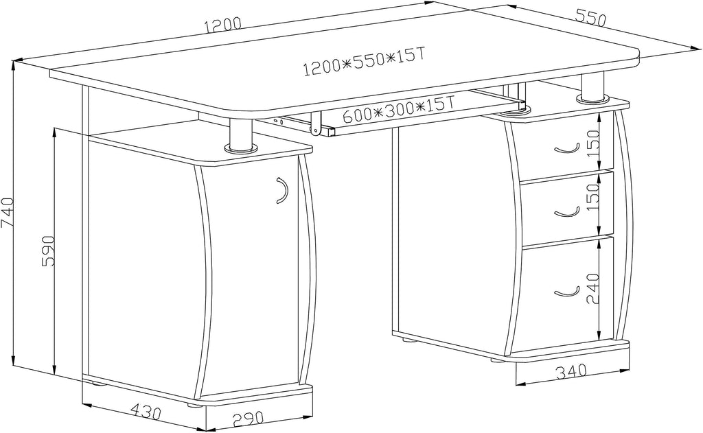 RayGar Black Deluxe Design Computer Desk With Cabinet and 3 Drawers For Home Office Table Workstation - New Black