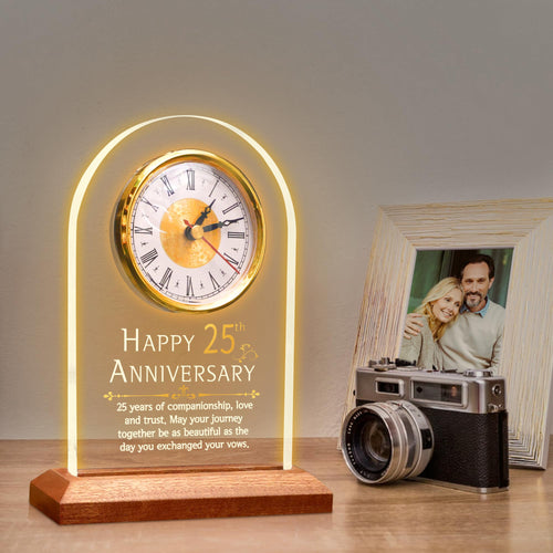 OkiyiD 25th Anniversary Quartz Clock | Light Up Wooden Base Silver Wedding