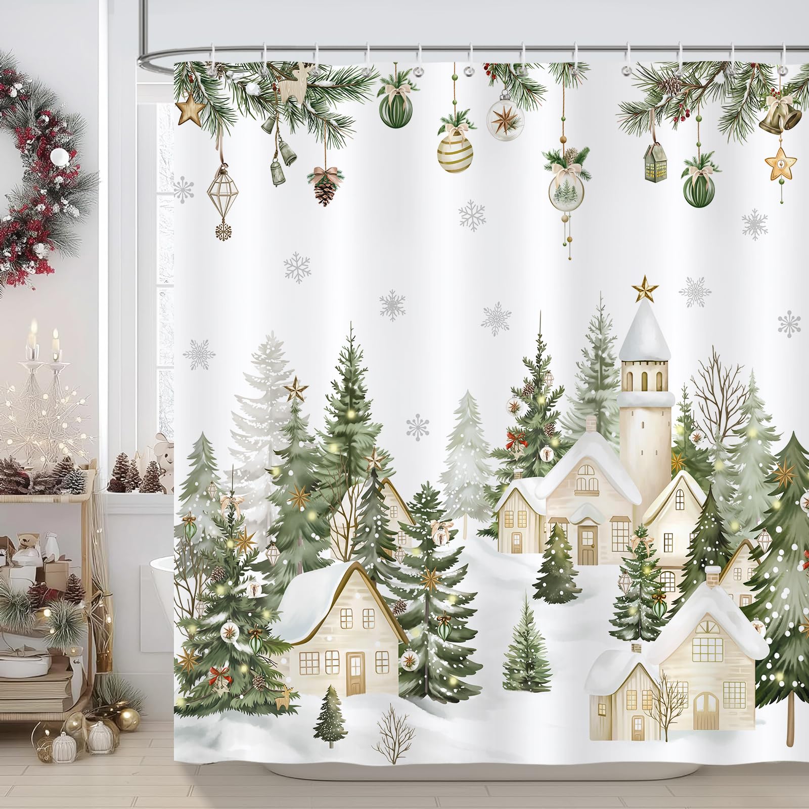 COZZSNUGE Farmhouse Christmas Shower Curtain | Snowy Winter Village – 180x180cm