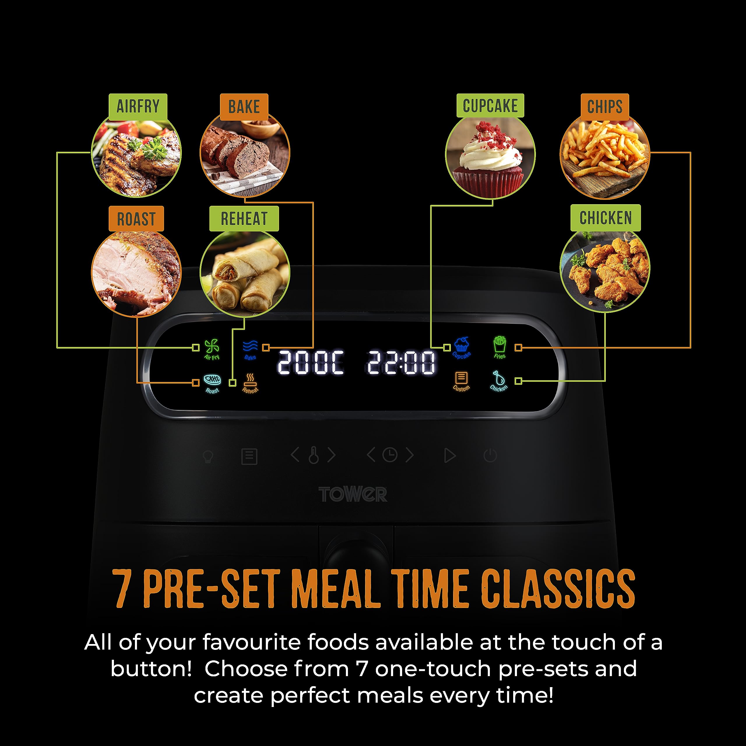 Tower T17125 Vortx 3L Air Fryer | Digital Display & 7 Pre-sets – Black