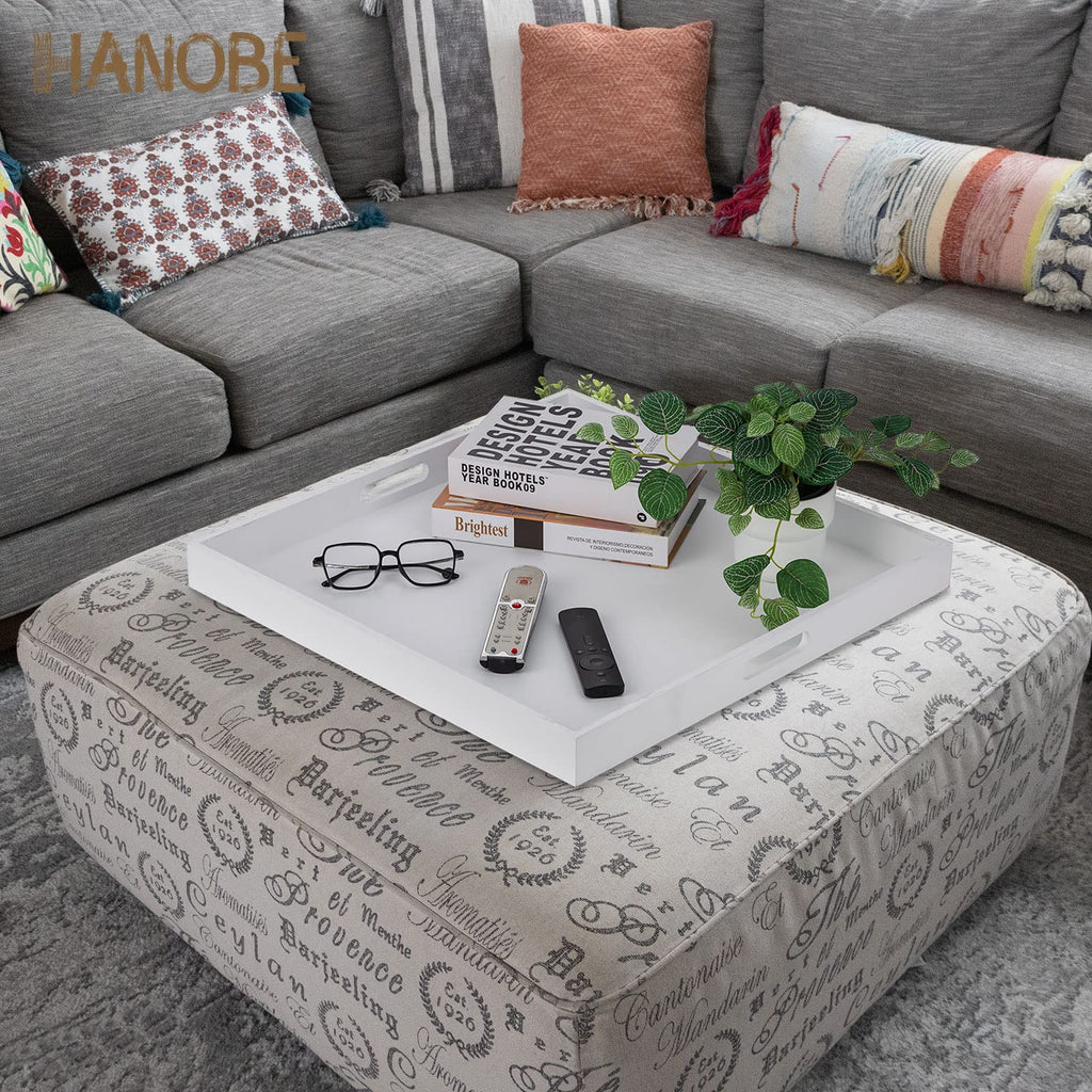 Hanobe 20" Square Ottoman Tray | Large White Wood Serving Tray with Handles