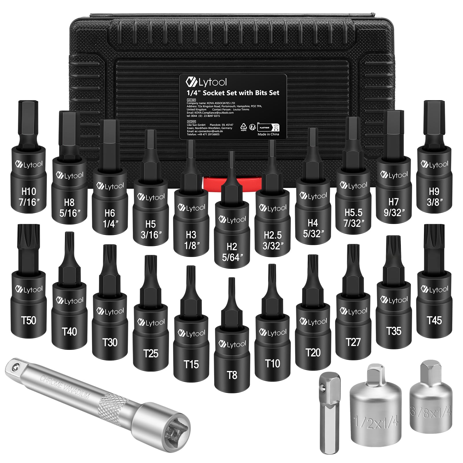 Lytool 25PCS Torx and HEX Bit Socket Set with 1/2" & 3/8" Drive Adaptors