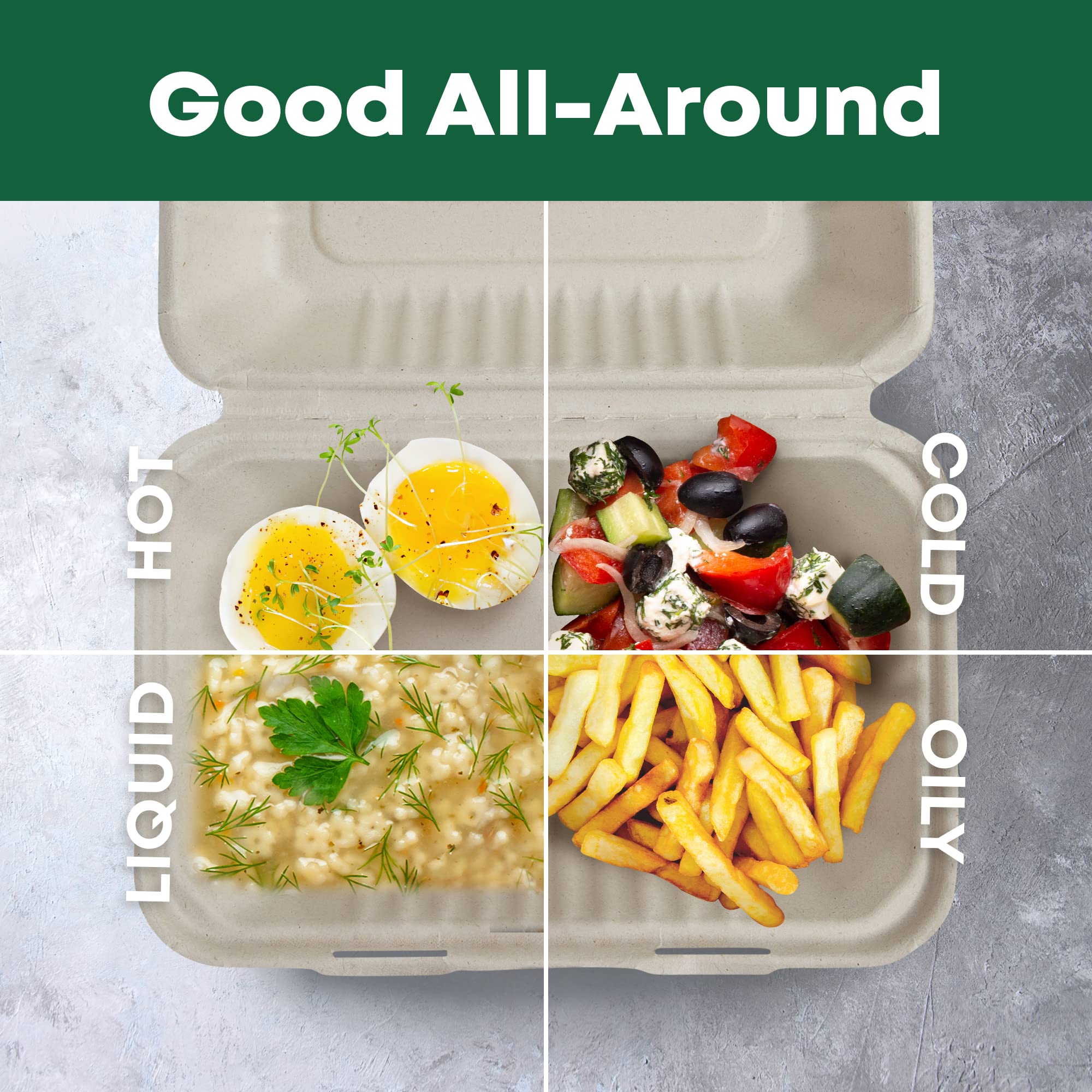 Disposable Green Bagasse Clamshell Food Containers - 125 Pack