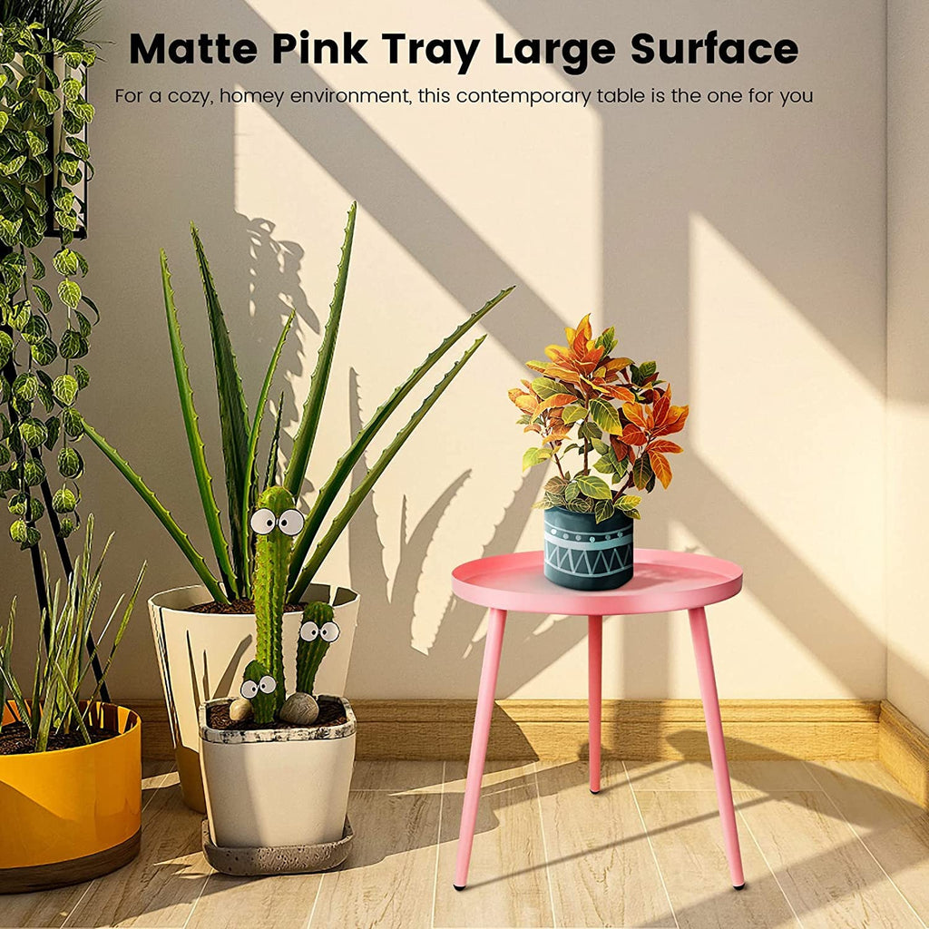AOJEZOR Round Metal Side Table | Small Outdoor End Table & Nightstand - Pink