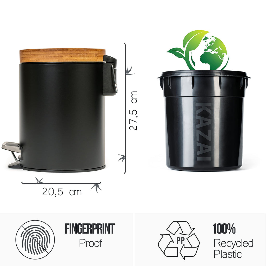 Kazai 5L Bathroom Bin – Matte Black Soft Close Wastebin with Bamboo Lid