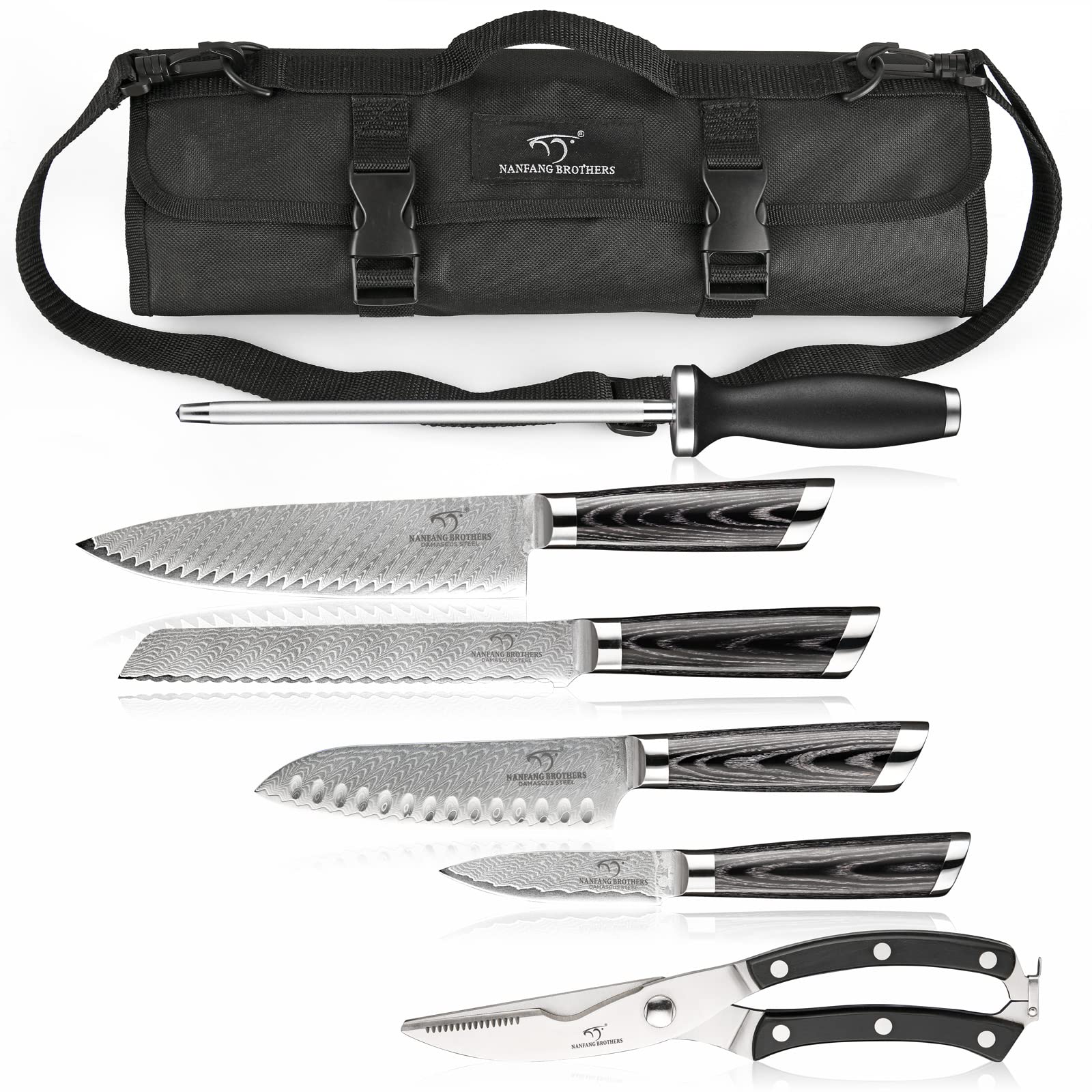 Nanfang Brothers 8-Piece Damascus Steel Chef Knife Set with Roll Bag