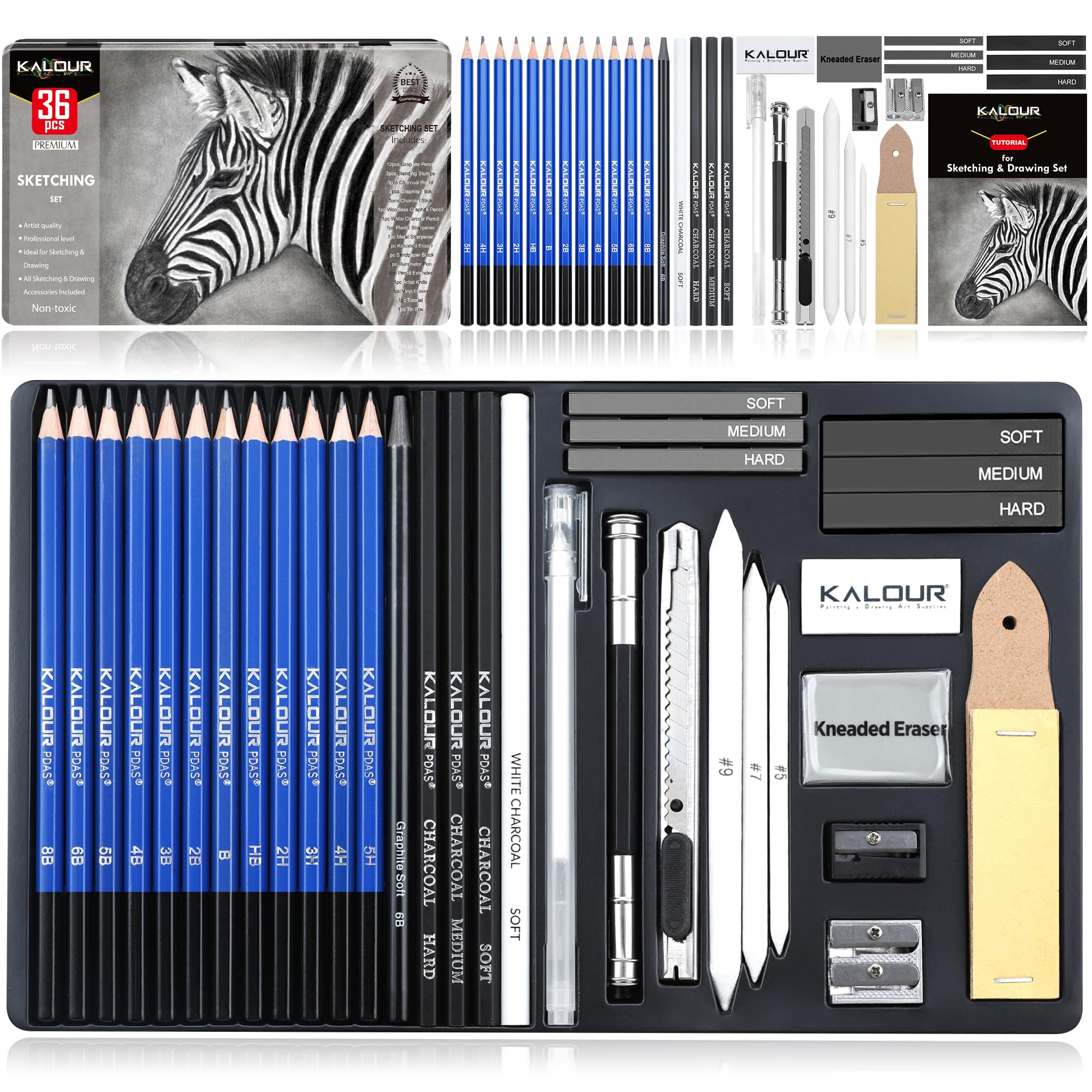 Kalour 36-Piece Professional Drawing Sketching Pencil Set with Charcoal