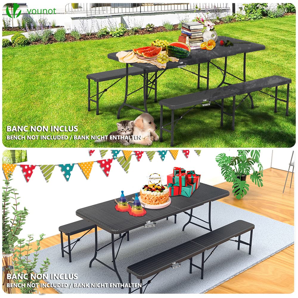 VOUNOT Folding Picnic Table – 180cm Rattan Look Portable Trestle Table