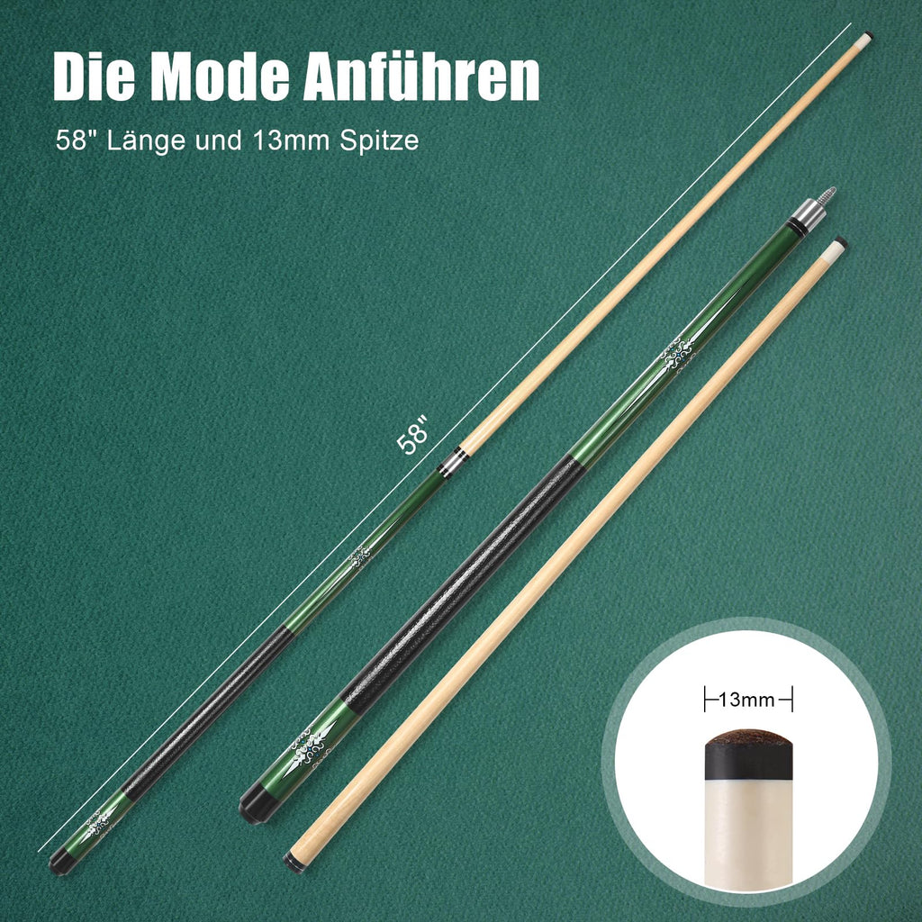 ASMPCUE 58 Inch Hardwood Pool Cue | 13mm Tip 1/2 Billiard Stick, Green