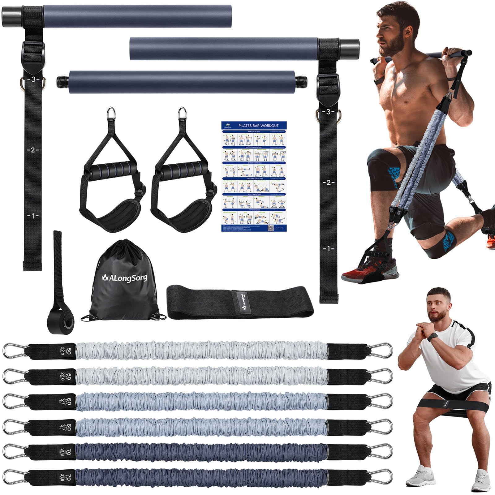 ALongSong Resistance Bands Set with Pilates Bar | 50-360Lbs Latex