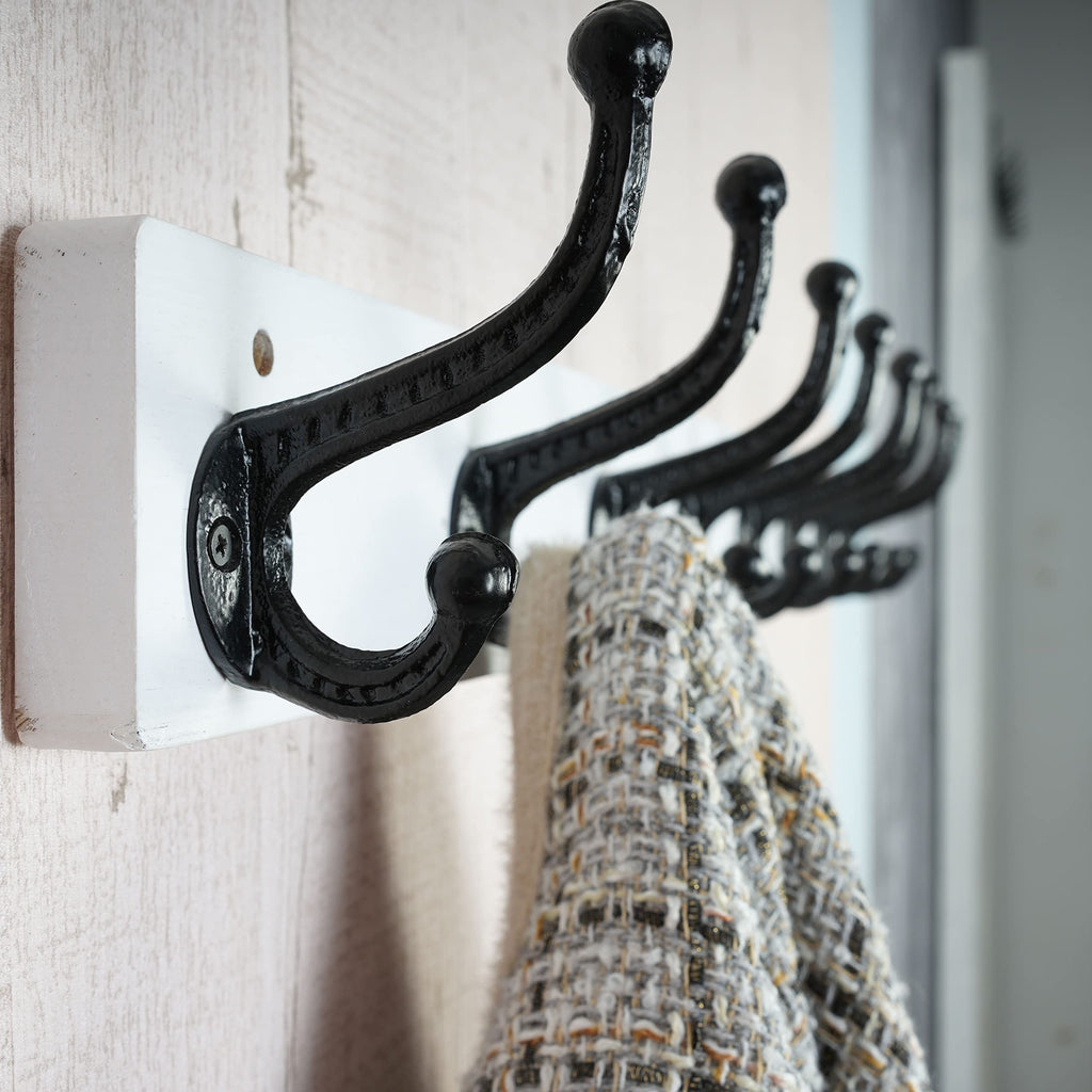 Rustic Wood Coat Rack – 5 Cast Iron Wall Hooks, 2 Pack