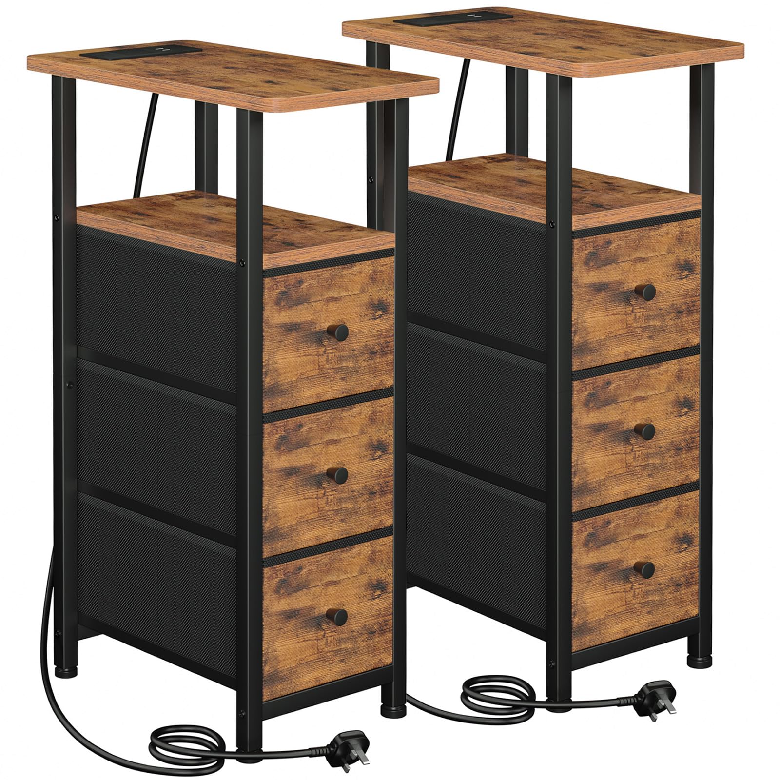 LOAKEKEL Slim Bedside Table Set of 2 with Charging Station | Brown
