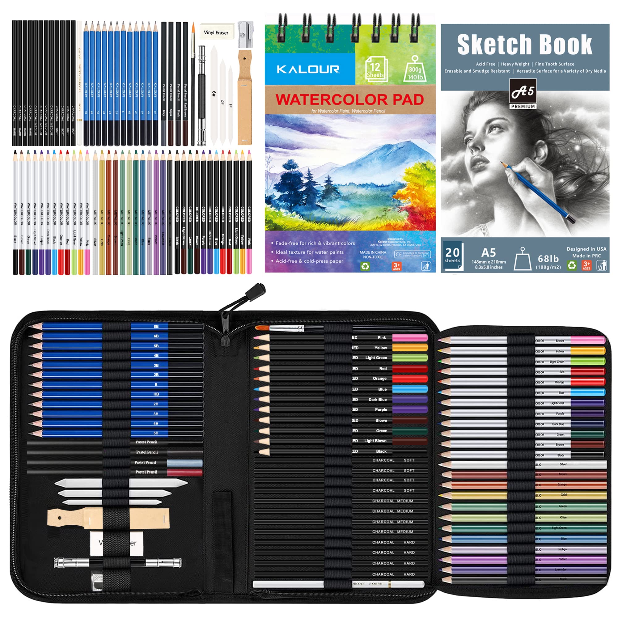 Kalour 76pc Drawing & Sketching Art Set with Pencils and Sketchbook