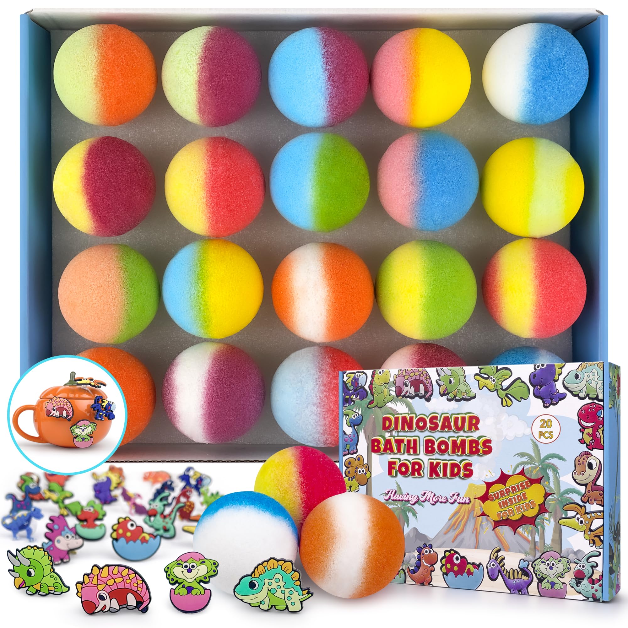 Jolof Store Kids Bath Bombs with Dinosaur Toys - 20 Pack Organic Fizzy Set