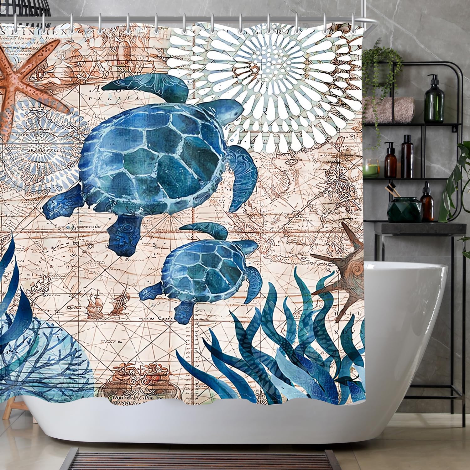 Lerores Sea Turtle Shower Curtain | Anti-Mould Weighted Hem | 240x200cm