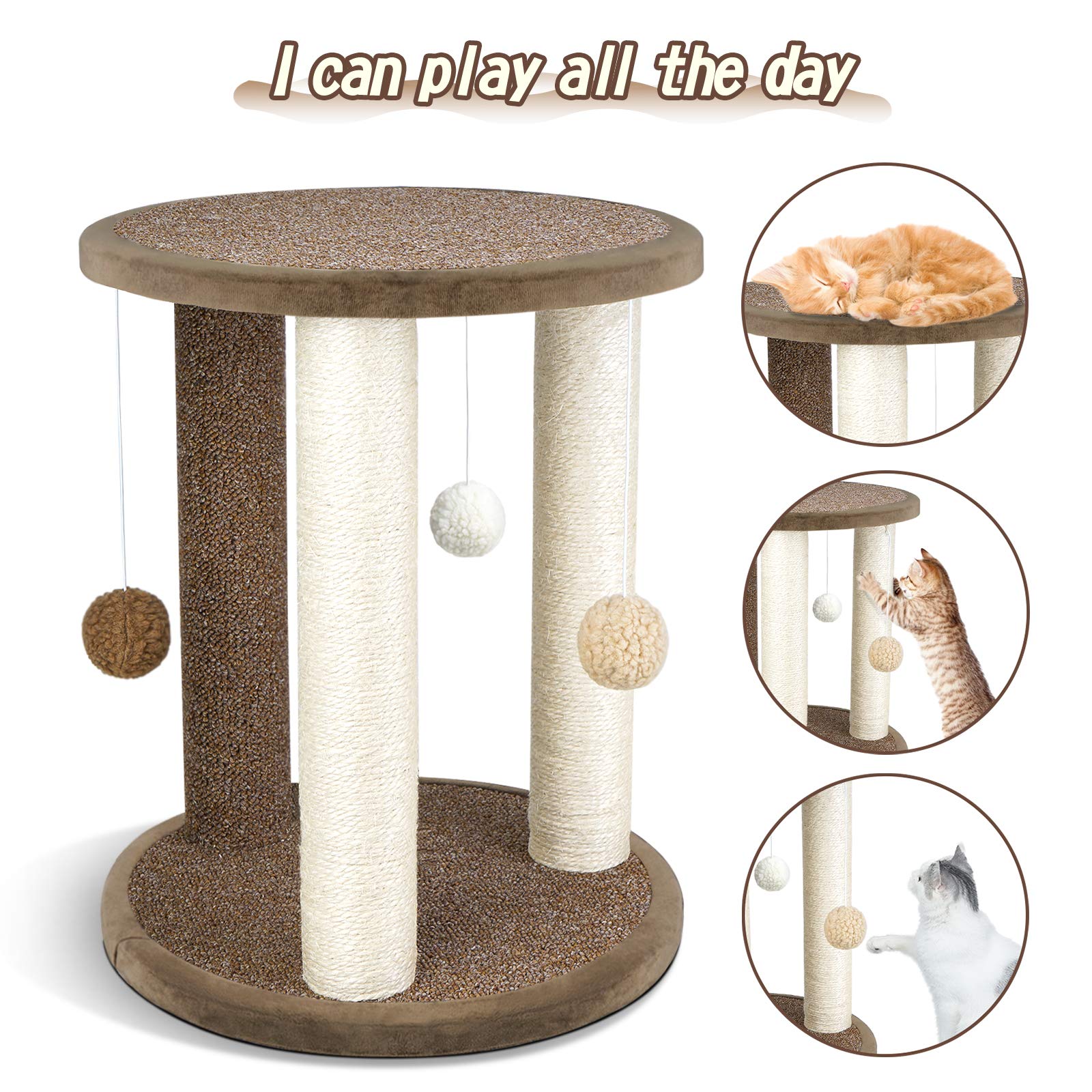 Aibuddy Cat Scratching Post – 3-Post Sisal Tower with Perch and Toys