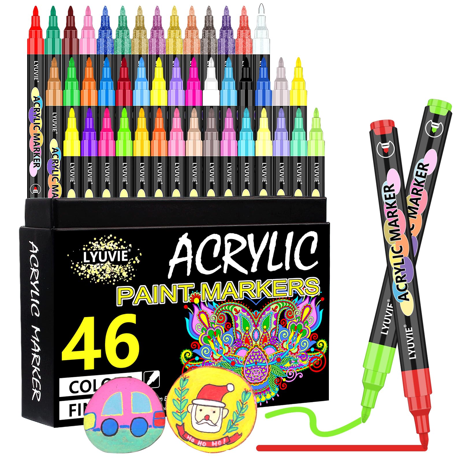 Lyuvie 46 Color Acrylic Paint Pens | 0.7mm Fine Tip Markers for Rock Painting
