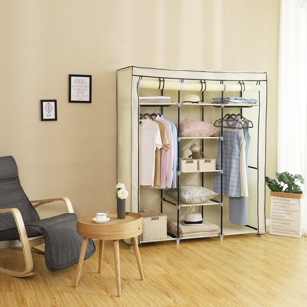 Songmics Fabric Wardrobe – Foldable Closet with 2 Clothes Rails, Beige