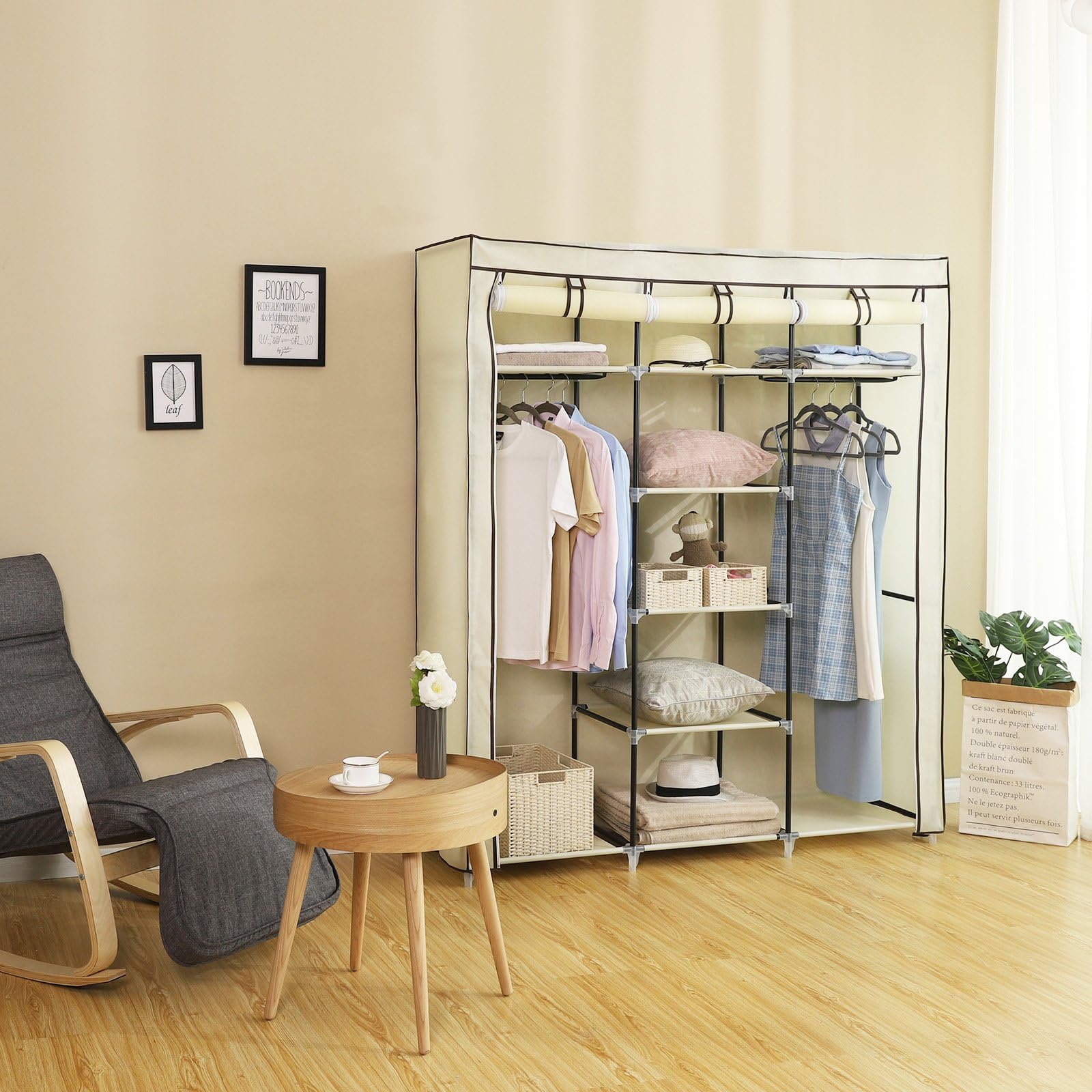 Songmics Fabric Wardrobe – Foldable Closet with 2 Clothes Rails, Beige
