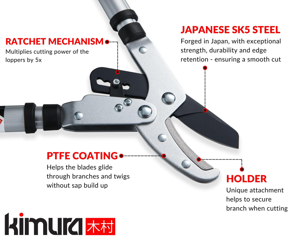 Kimura Pro Heavy Duty Ratchet Garden Loppers | Telescopic Anvil Pruners