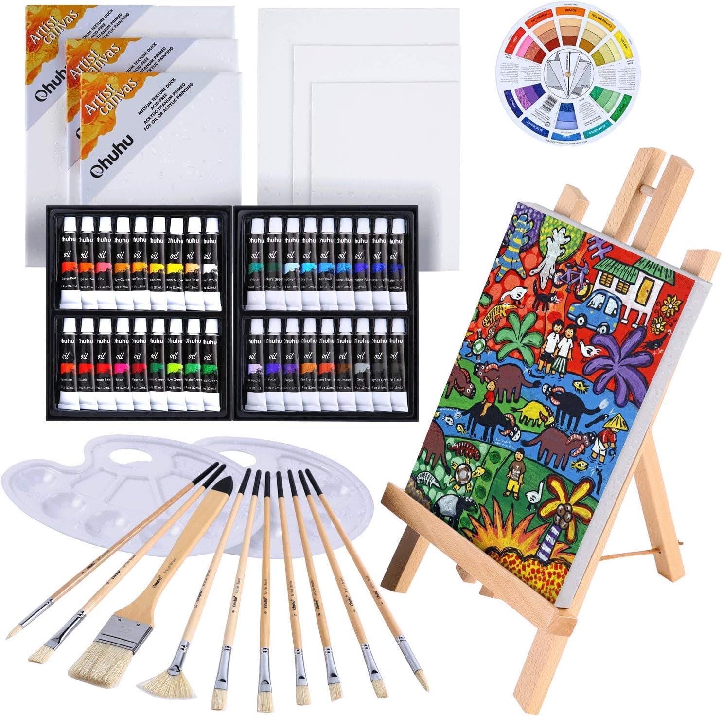 Ohuhu 56-Piece Oil Painting Set with Tabletop Easel, 36 Paints & Brushes