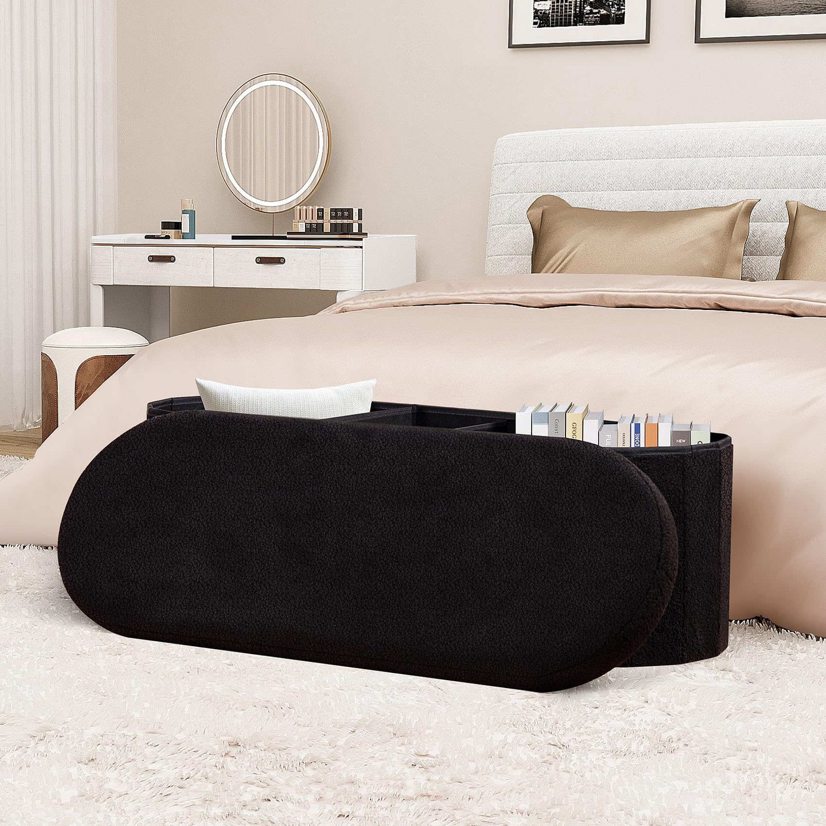 Bonlife Oval Boucle Folding Storage Ottoman Bench - 100L Black