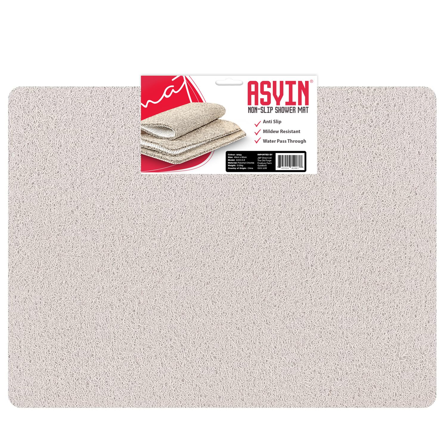Asvin Loofah Anti Slip Bath & Shower Mat - Quick Drying PVC, 60x80cm White