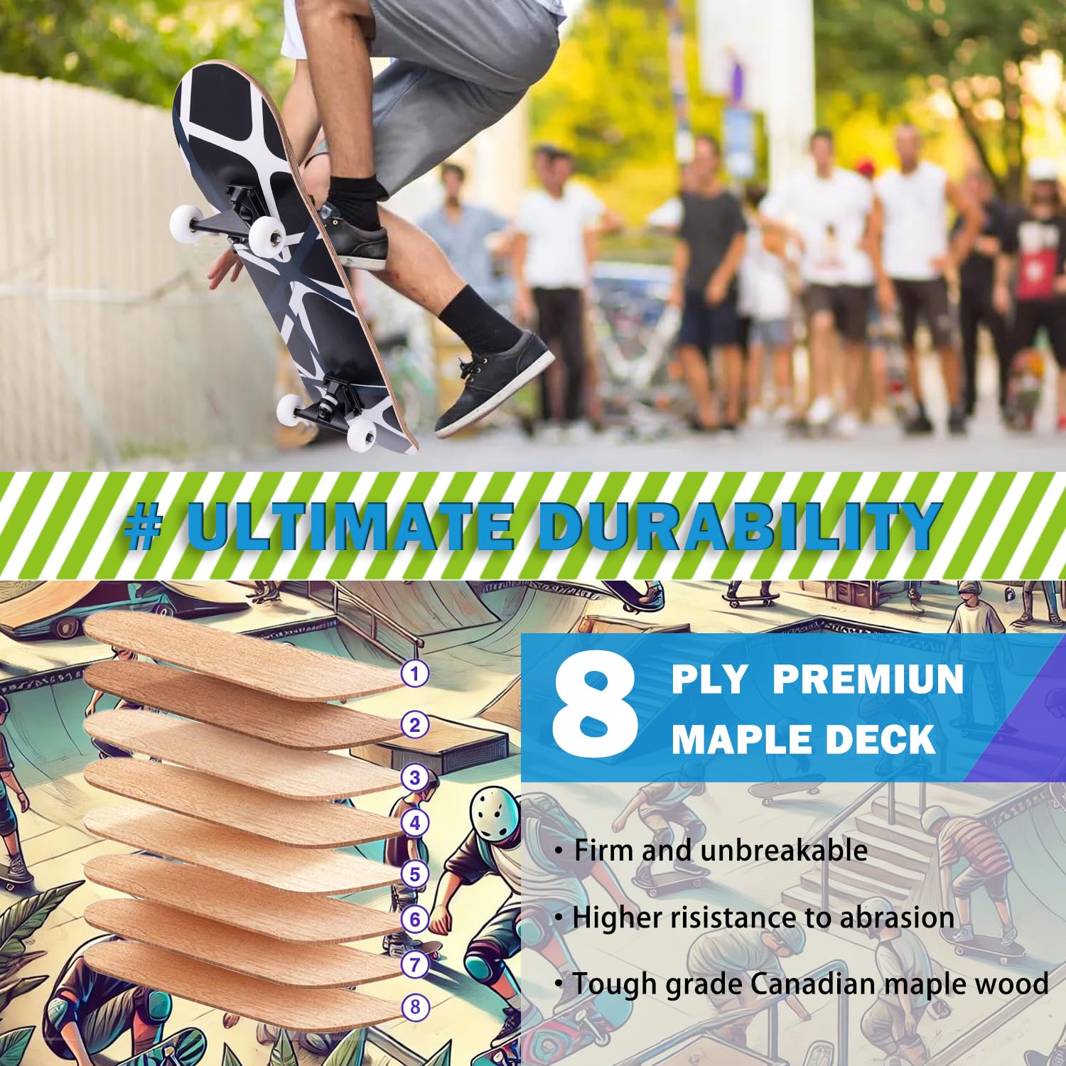 CLYCTIP Complete Skateboard | 31x8 Inch 8-Layer Maple Deck for Beginners