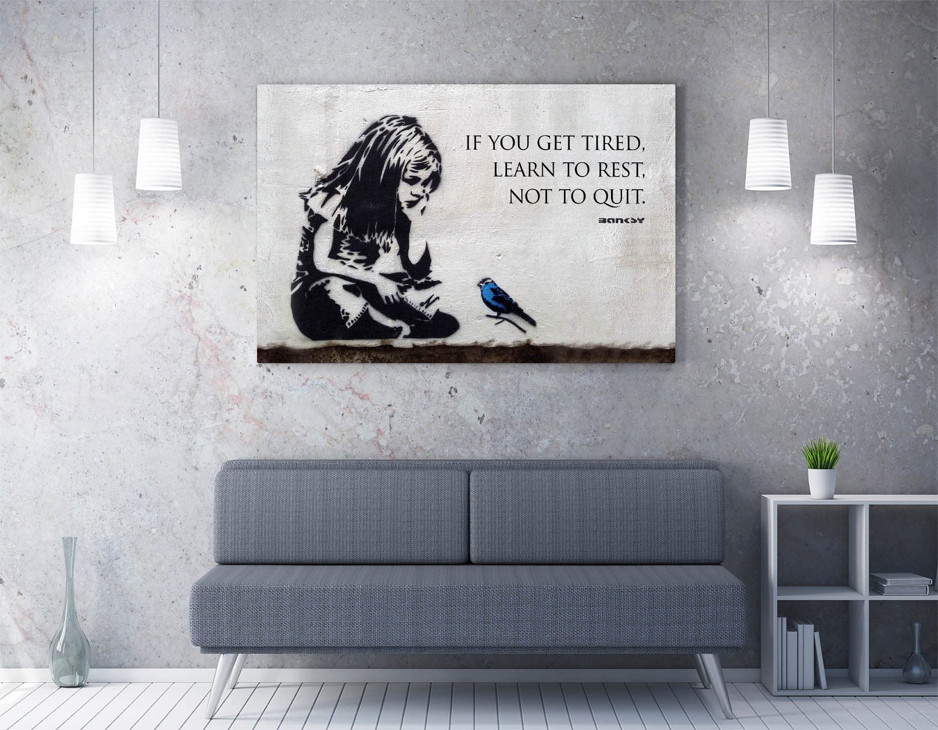 Banksy Girl Blue Bird Graffiti Framed Canvas Wall Art | 36x24in