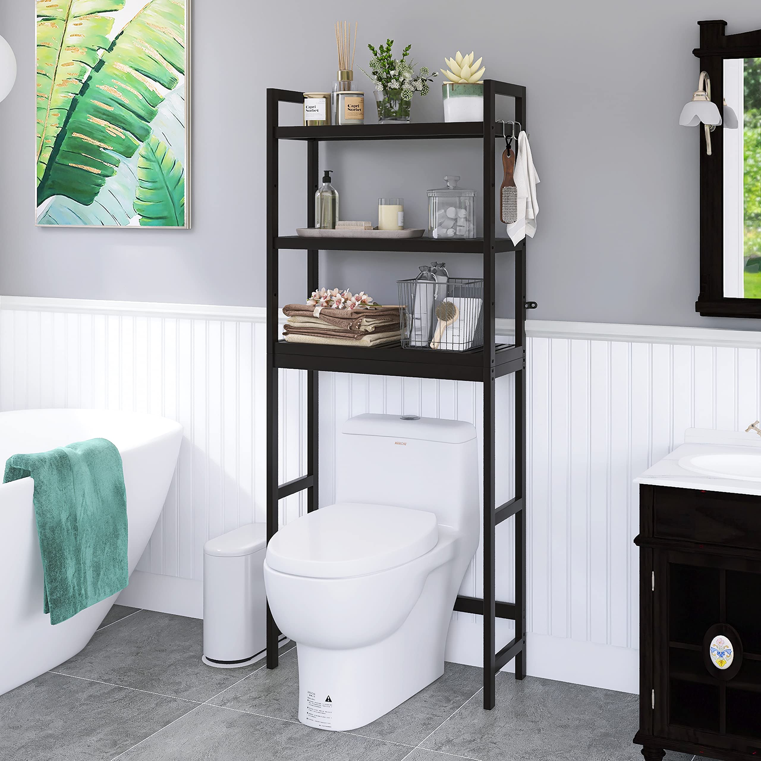 SMIBUY Bamboo Over-The-Toilet Storage Rack | 3-Tier Adjustable Shelf - Black