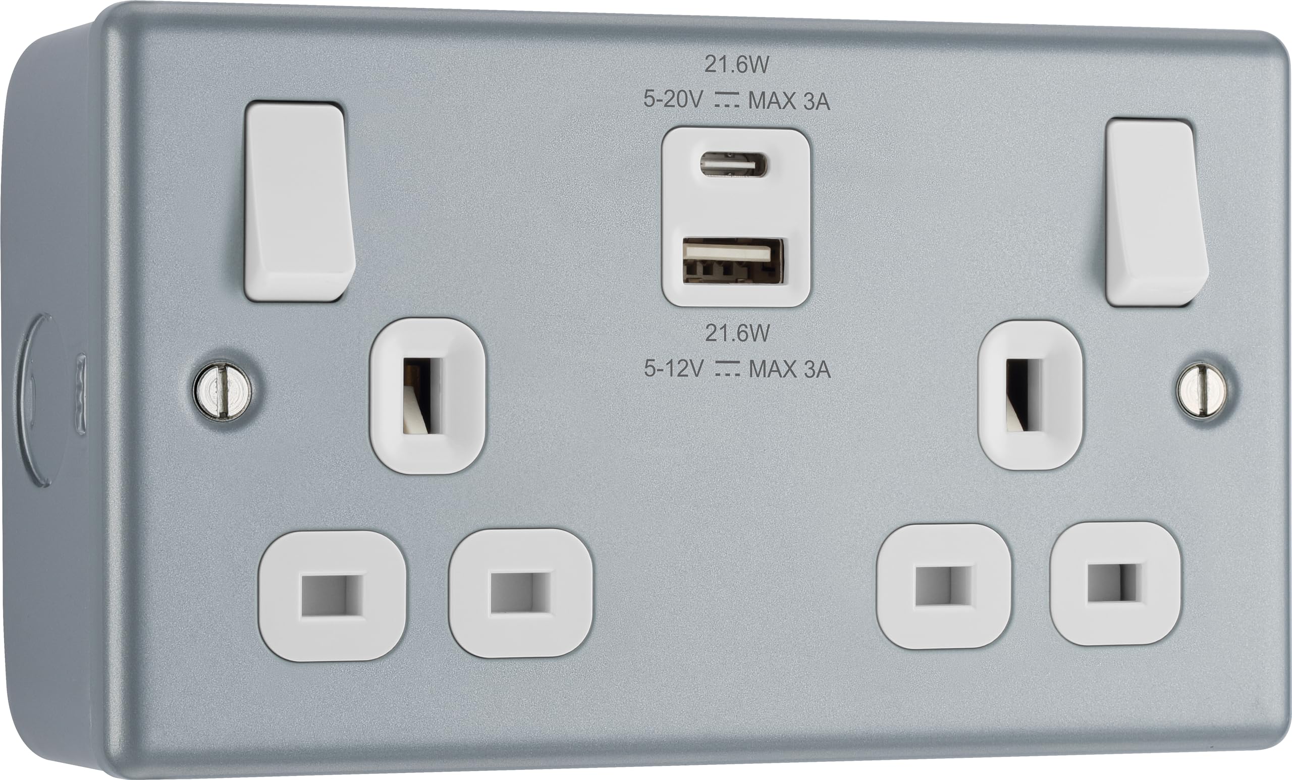 BG Electrical Metal Clad Double Socket with 22W Fast USB A & C