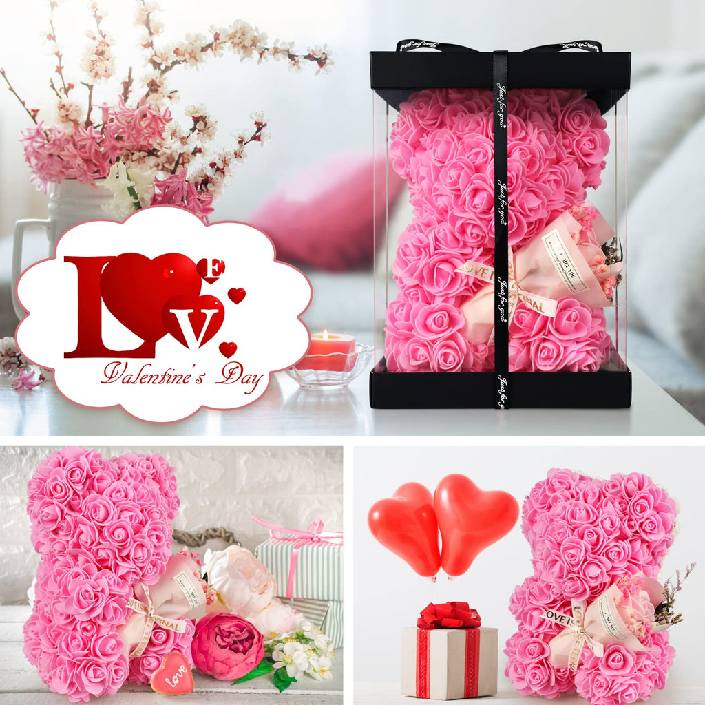 POHOMEGK Handcrafted Pink Rose Teddy Bear with I Love You Necklace