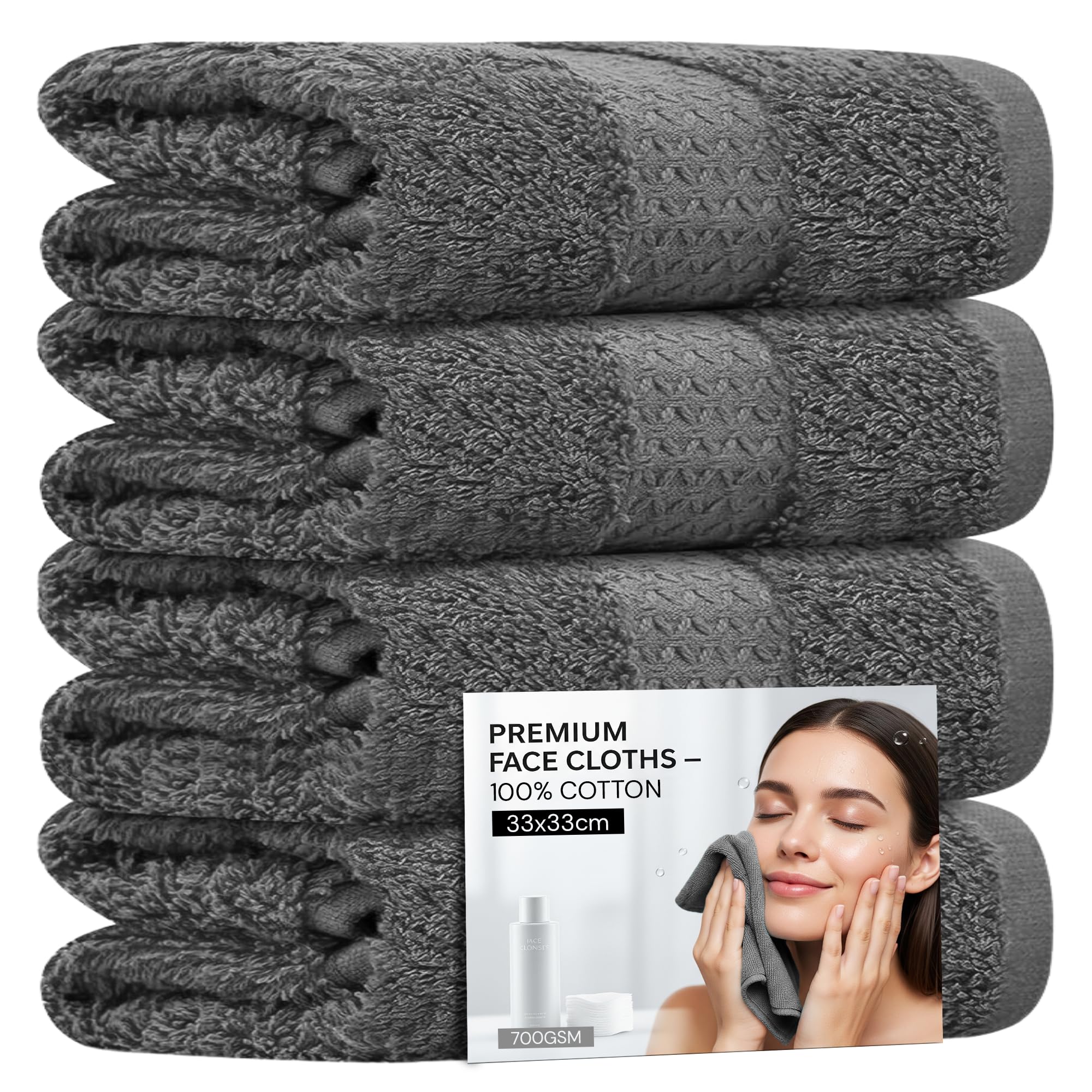 Towelogy 4 Pack Face Cloths – 100% Combed Cotton Facial Flannels, Grey