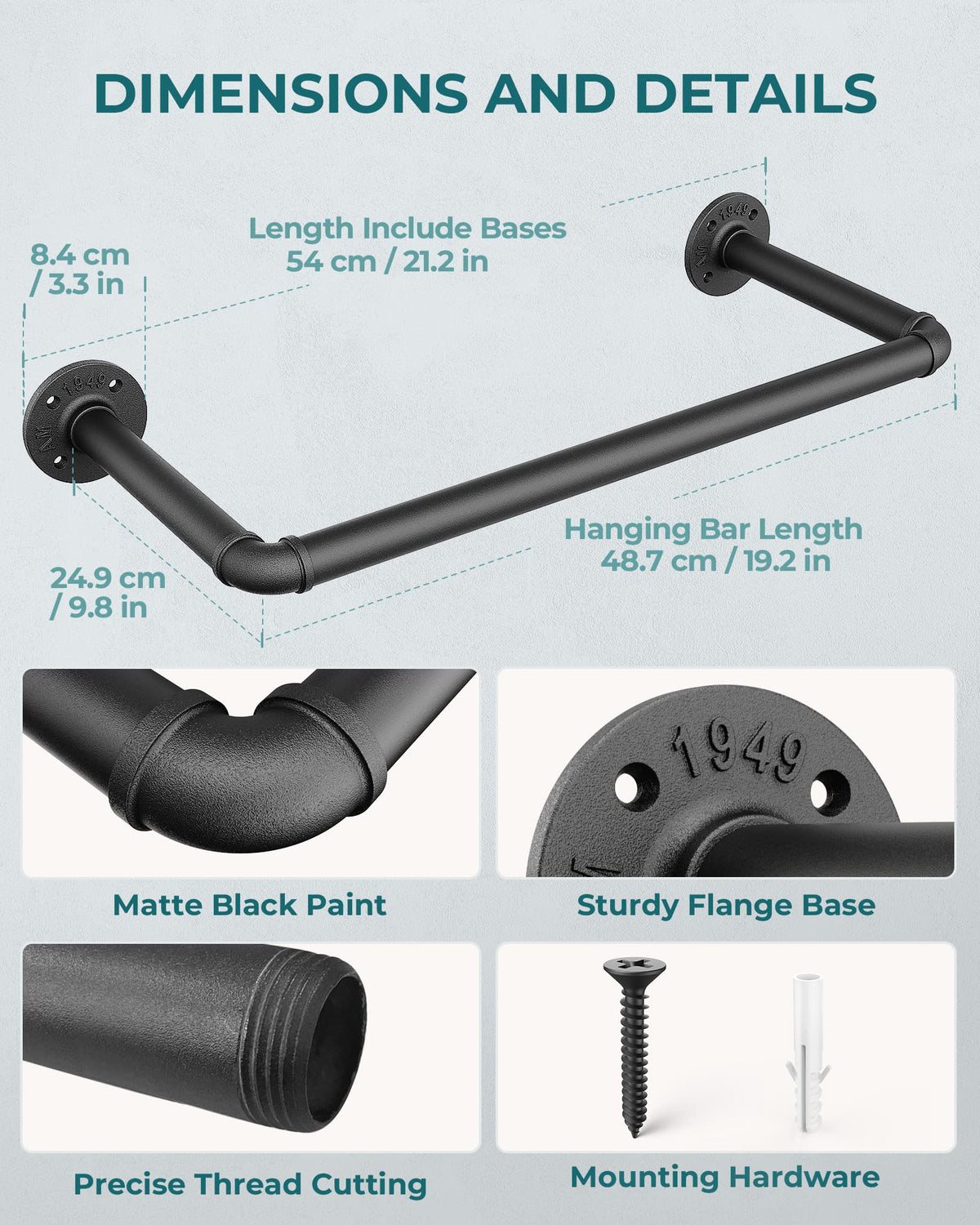 OROPY Set of 2 Wall Mounted Clothes Rail, 49cm Industrial Pipe Clothes Rack - image 3