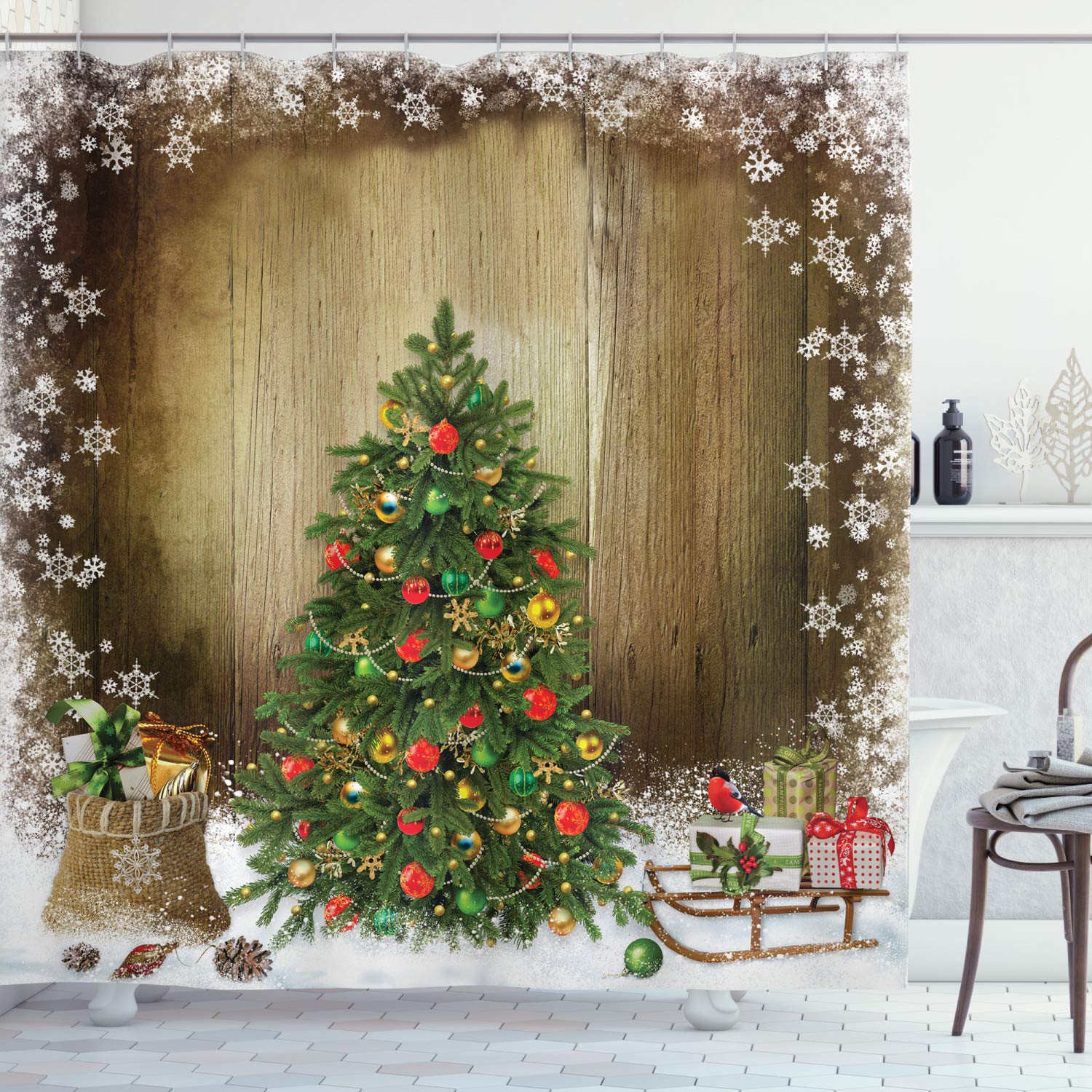 ABAKUHAUS Christmas Shower Curtain | Pine Tree Fabric Decor with Hooks