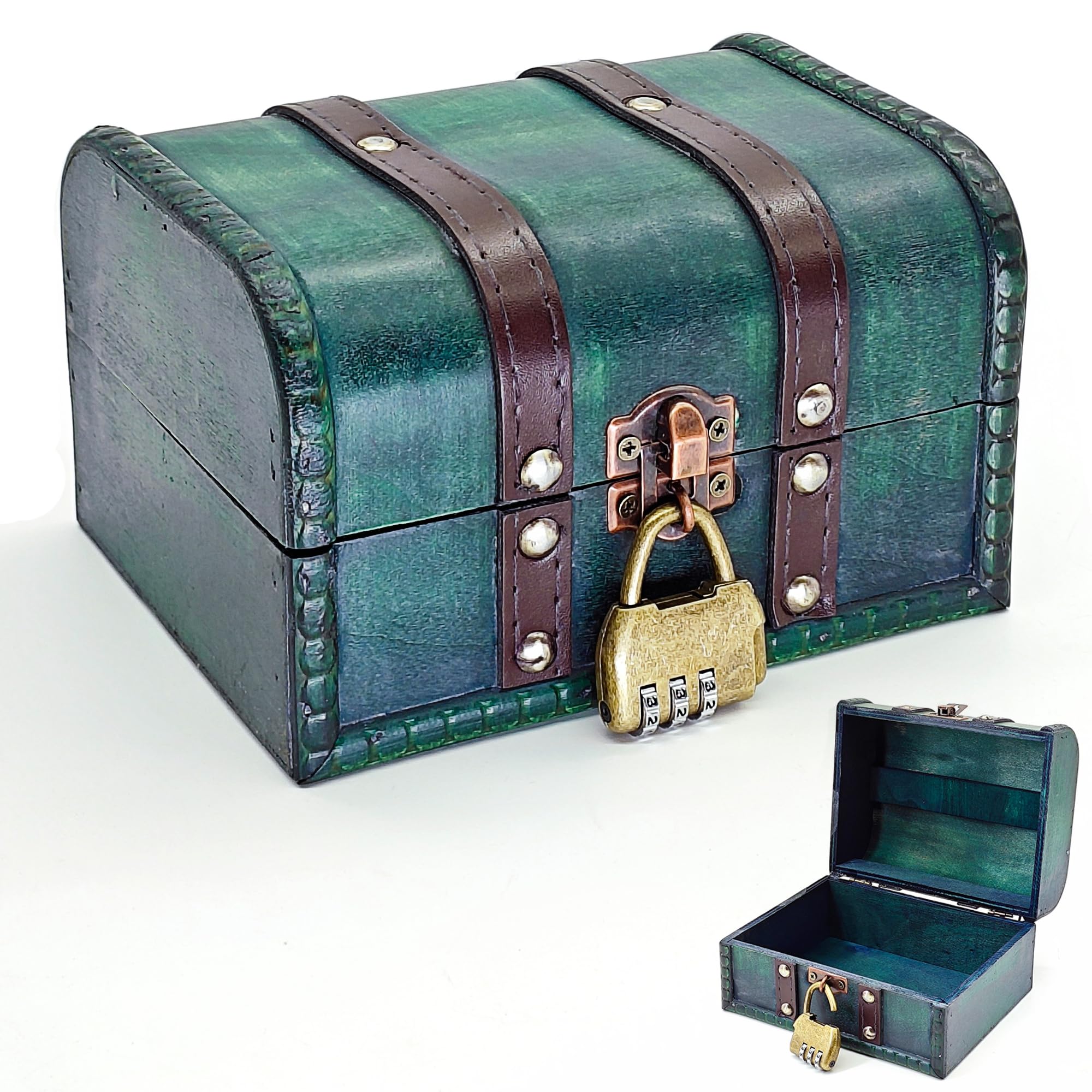 HAOBIN Vintage Wooden Treasure Chest – Handmade Jewelry Storage Box (Blue)