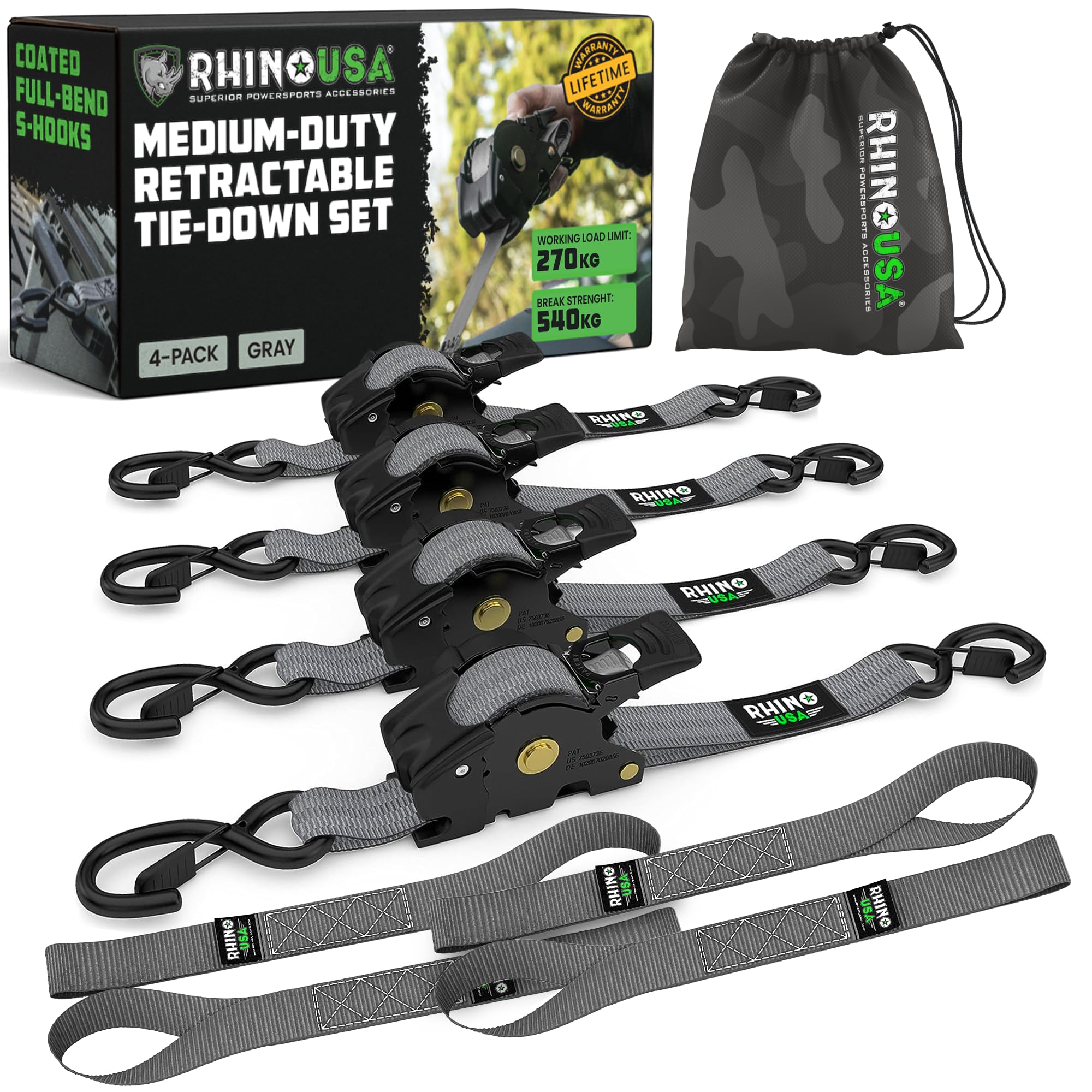 Rhino USA Retractable Ratchet Straps (4-Pack) – 540kg Break Strength