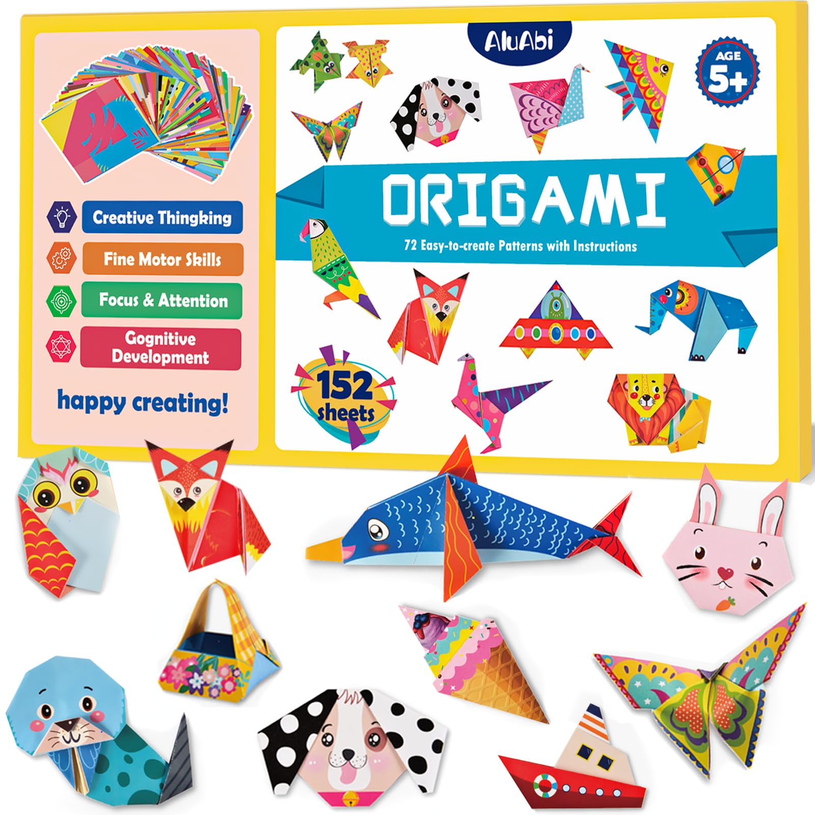 AluAbi Origami Kit for Kids: 152 Double Sided Sheets with Guide Book