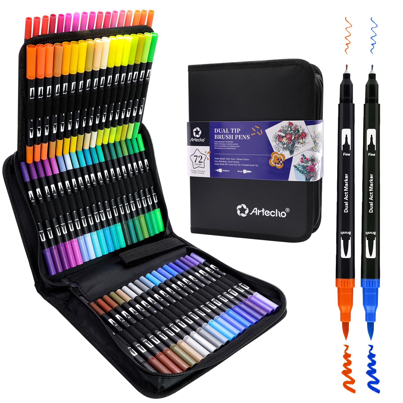 Artecho 72 Dual Tip Brush Pens | Felt Tip Markers for Adult Colouring
