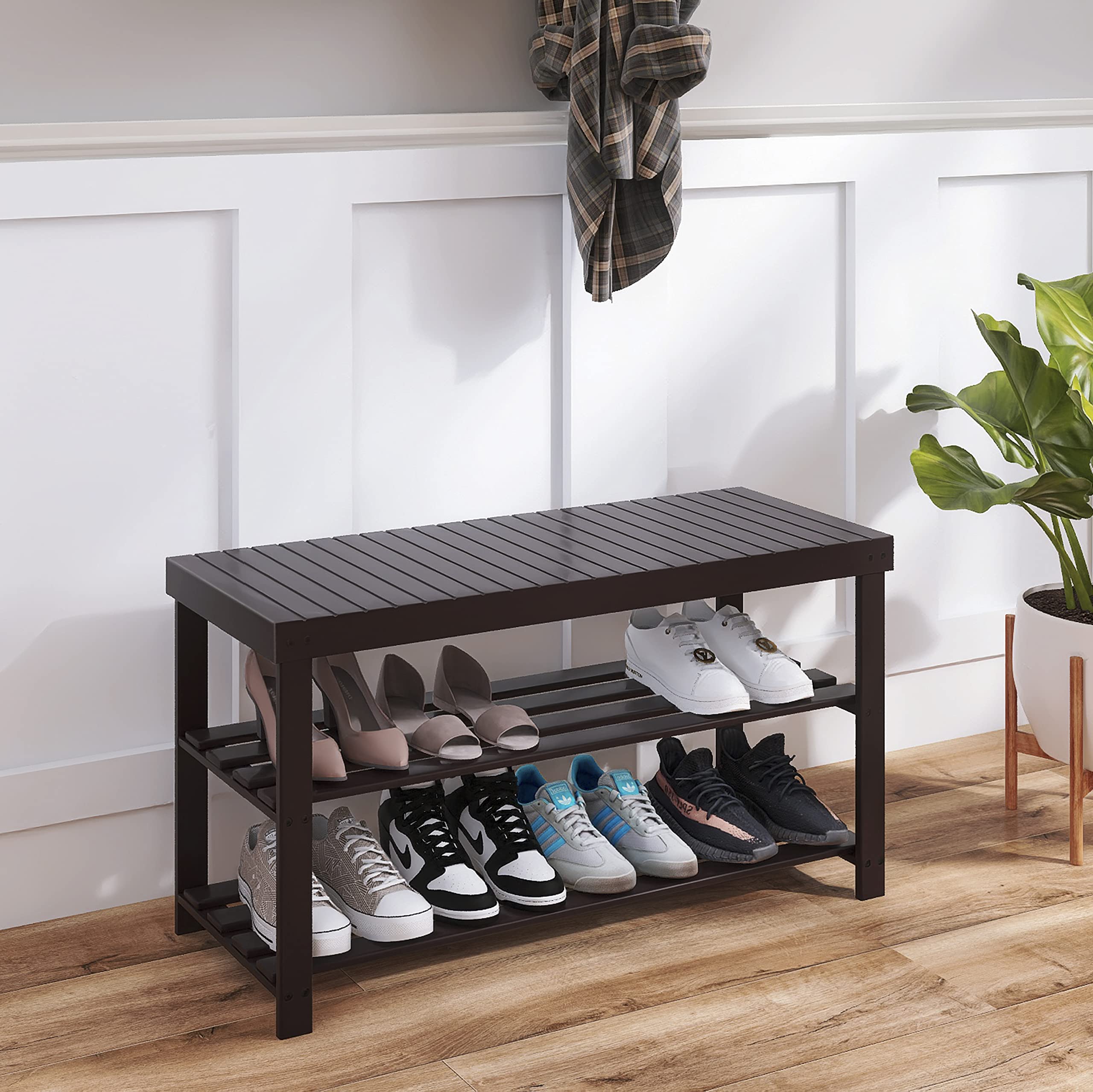 SMIBUY 3-Tier Bamboo Shoe Rack Bench – Sturdy Entryway Storage, Dark Brown