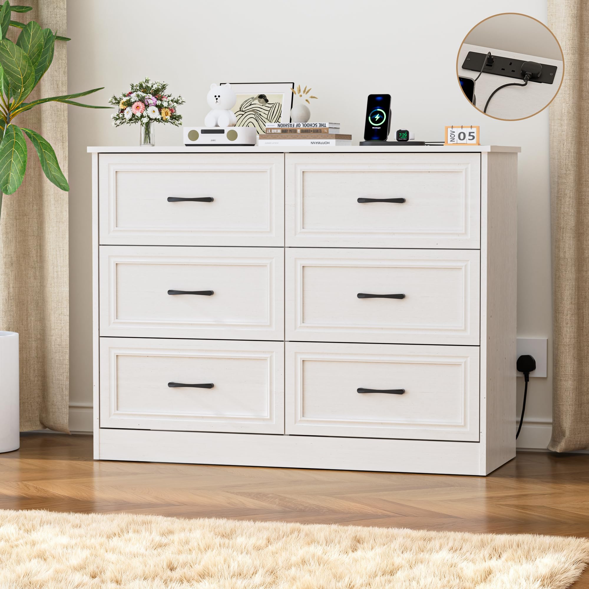 BonVache 6-Drawer Chest with USB Ports | White Fabric Storage Sideboard