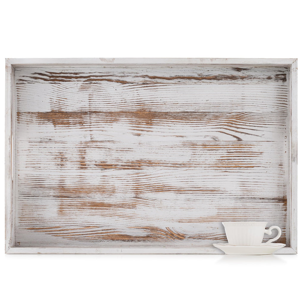 Hanobe Extra Large Wood Ottoman Tray | Rustic White Serving Tray with Handles
