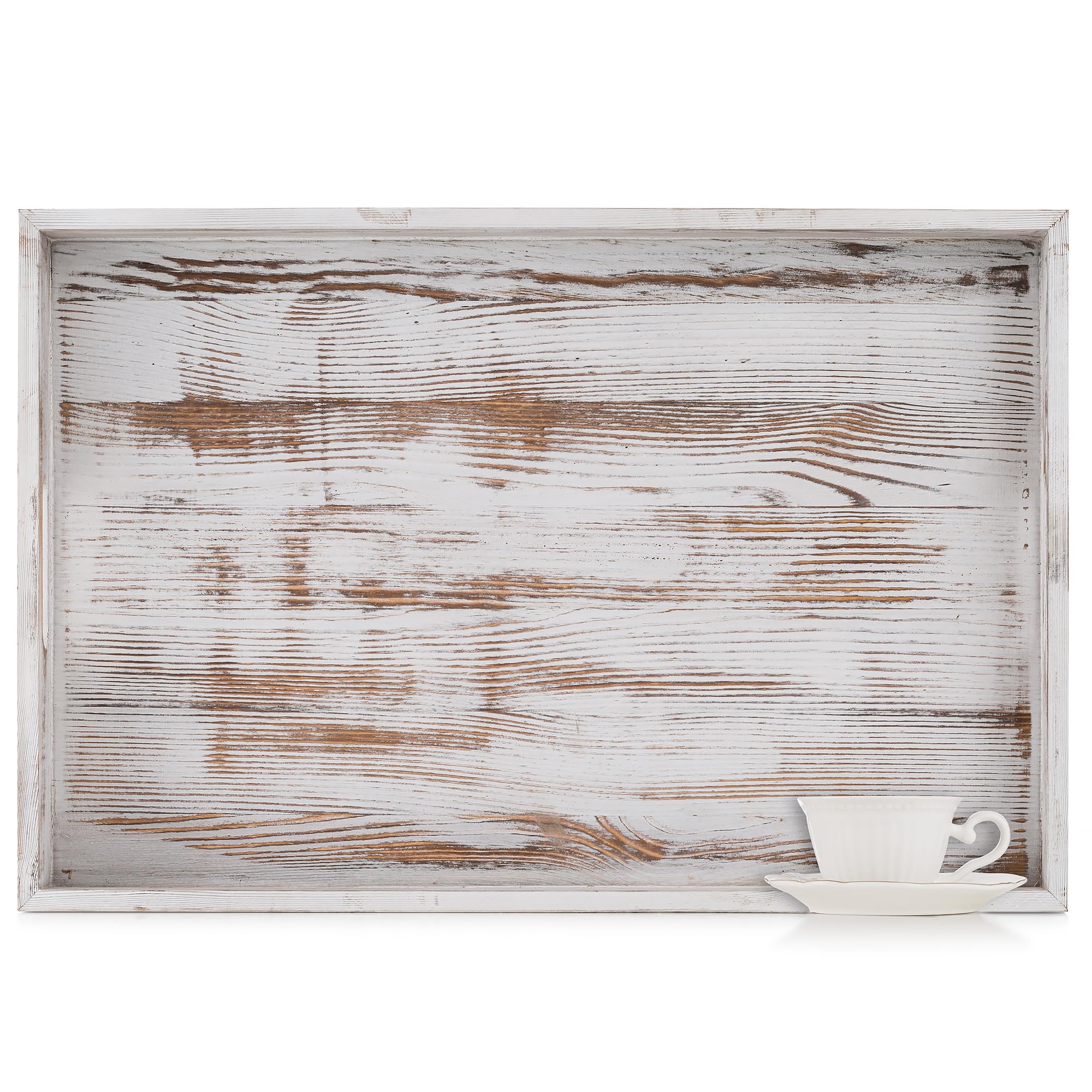 Hanobe Extra Large Wood Ottoman Tray | Rustic White Serving Tray with Handles