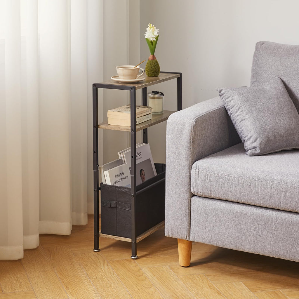 Aibiju Narrow 3-Tier Side Table with Fabric Basket | Industrial Oak