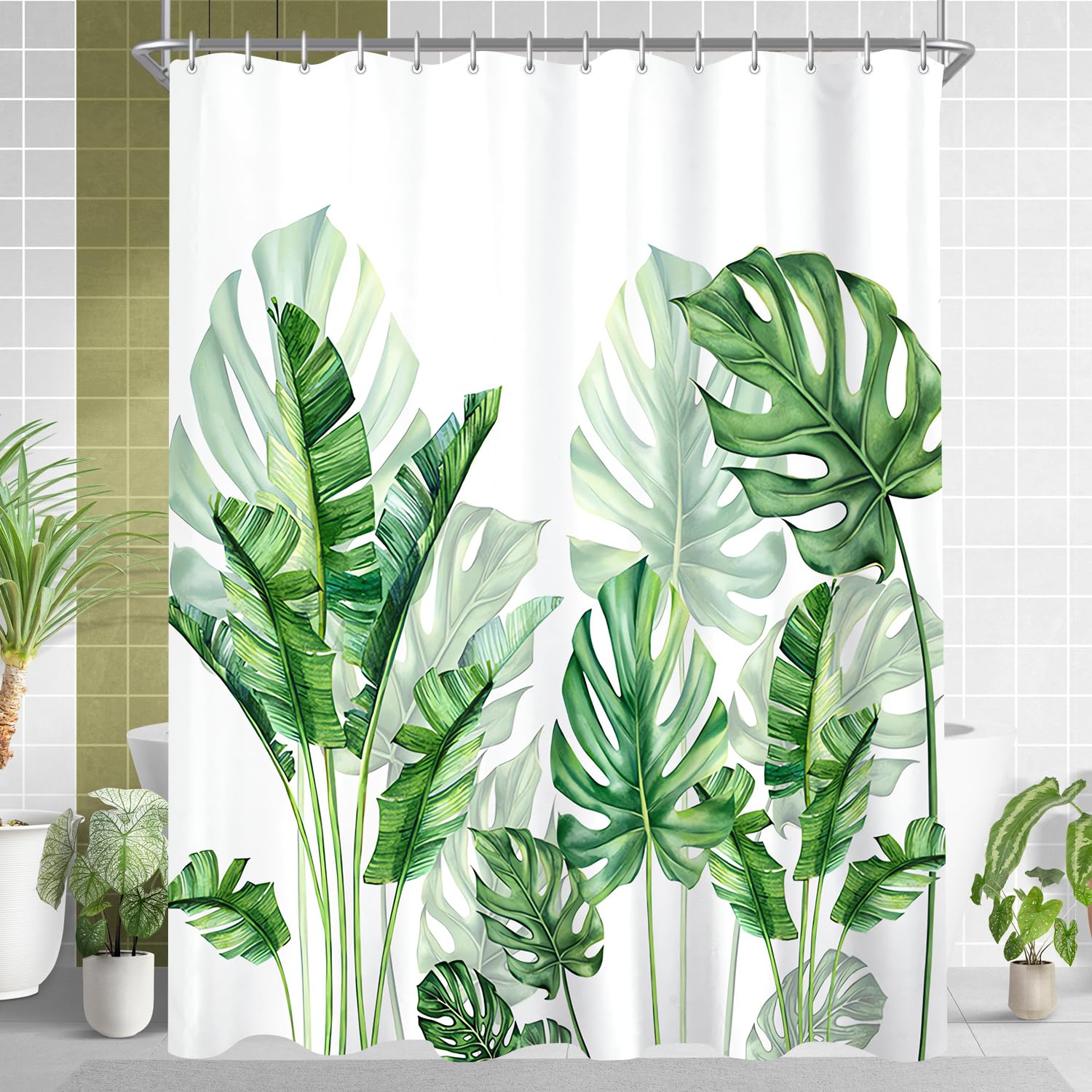 Lerores Green Leaves Shower Curtain | 240x200cm Anti-Mould Polyester