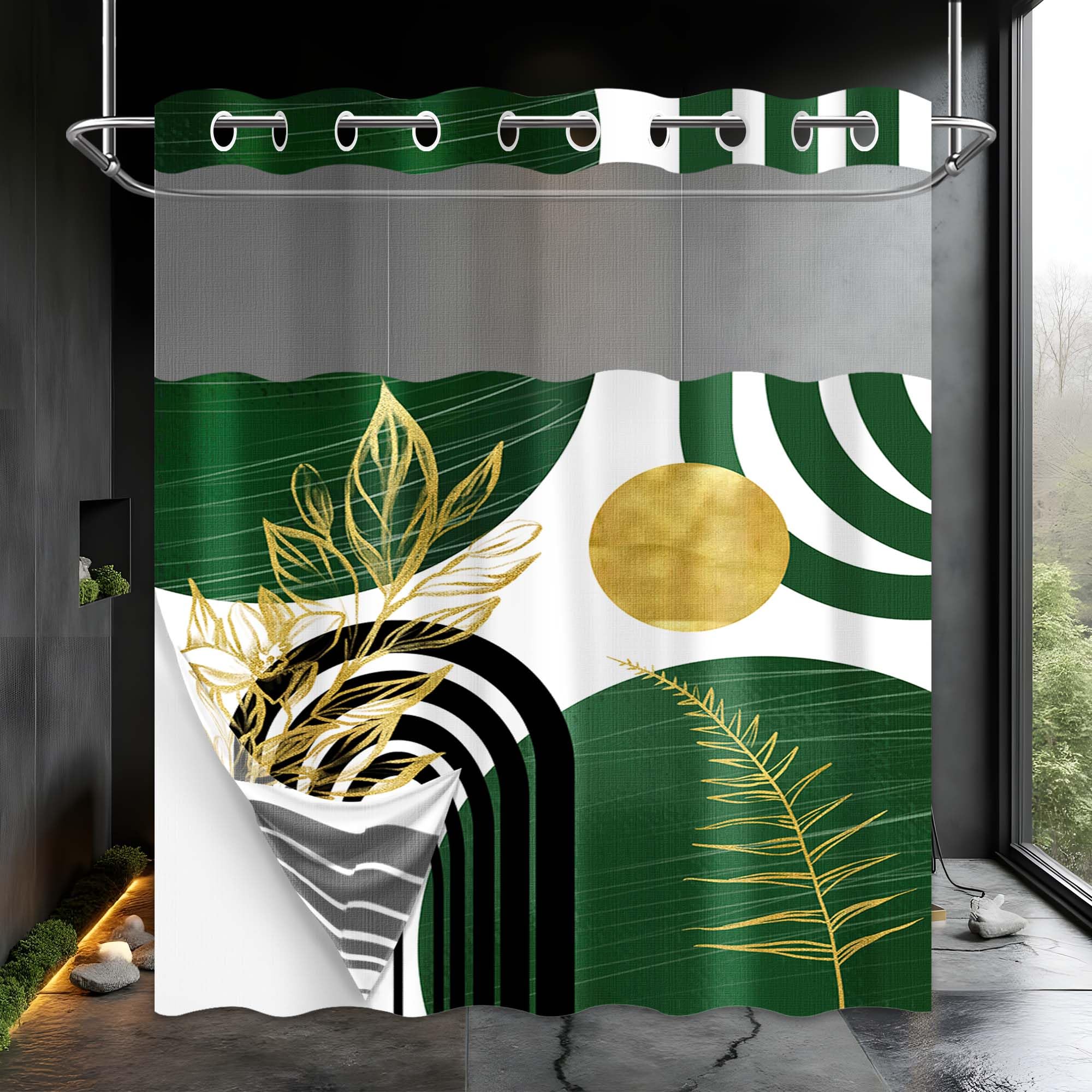 LanZanthic Hookless Shower Curtain with Snap-in Liner | Boho Green & Gold