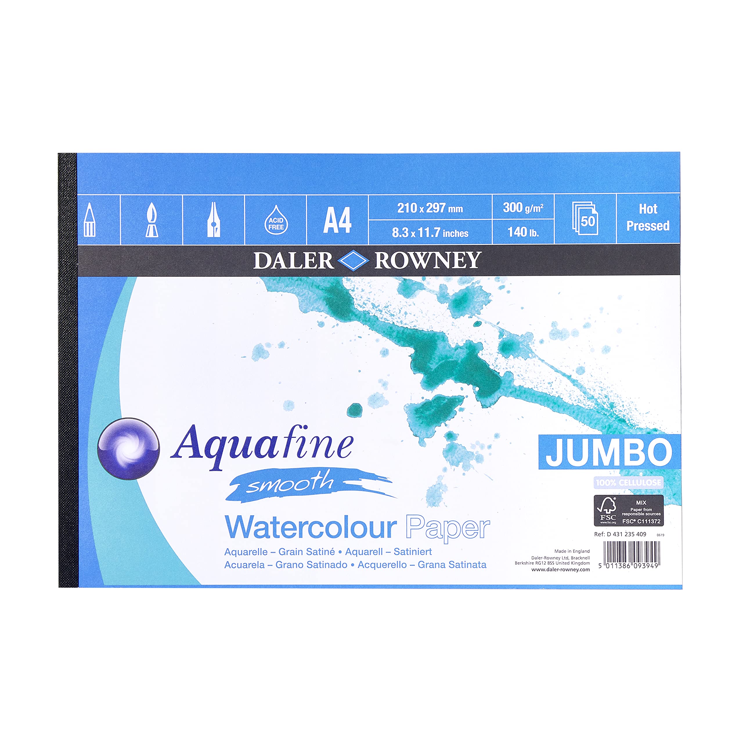 Daler-Rowney Aquafine A4 Watercolour Pad | Hot Pressed 300gsm 50 Sheets